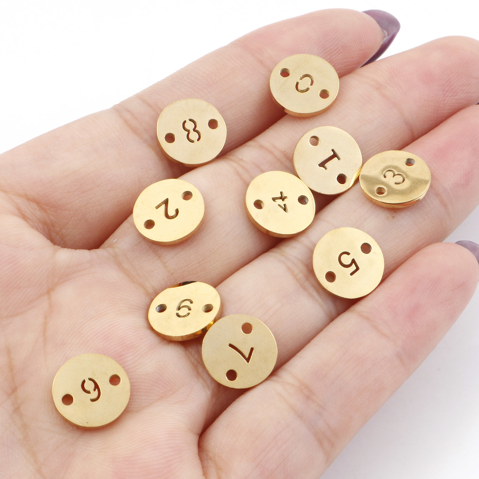 Picture of 2 PCs Vacuum Plating 304 Stainless Steel Connectors Charms Pendants Gold Plated Round Number Hollow 10mm Dia.