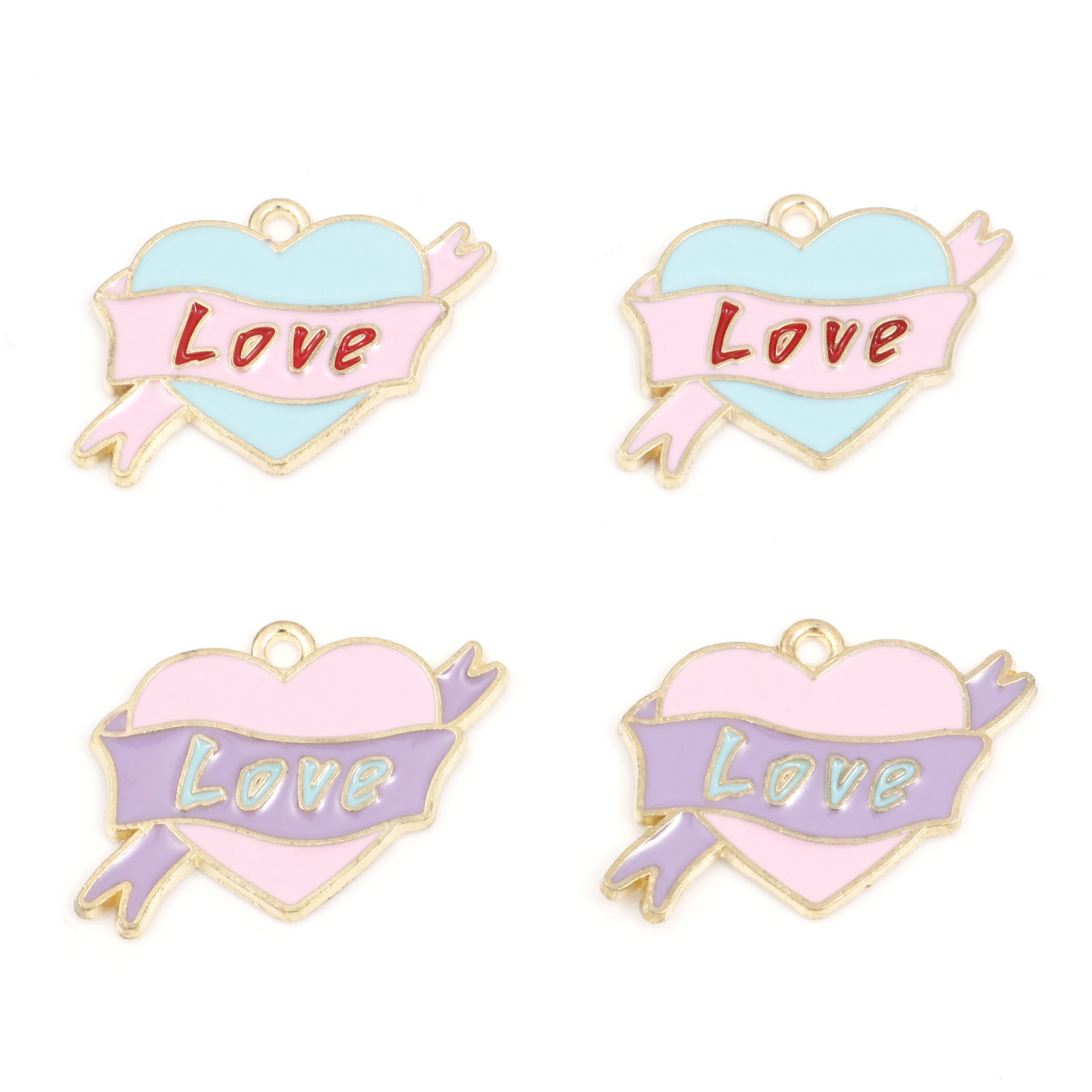 Picture of Zinc Based Alloy Valentine's Day Charms Gold Plated Multicolor Heart Ribbon Message " LOVE " Enamel 25mm x 19mm