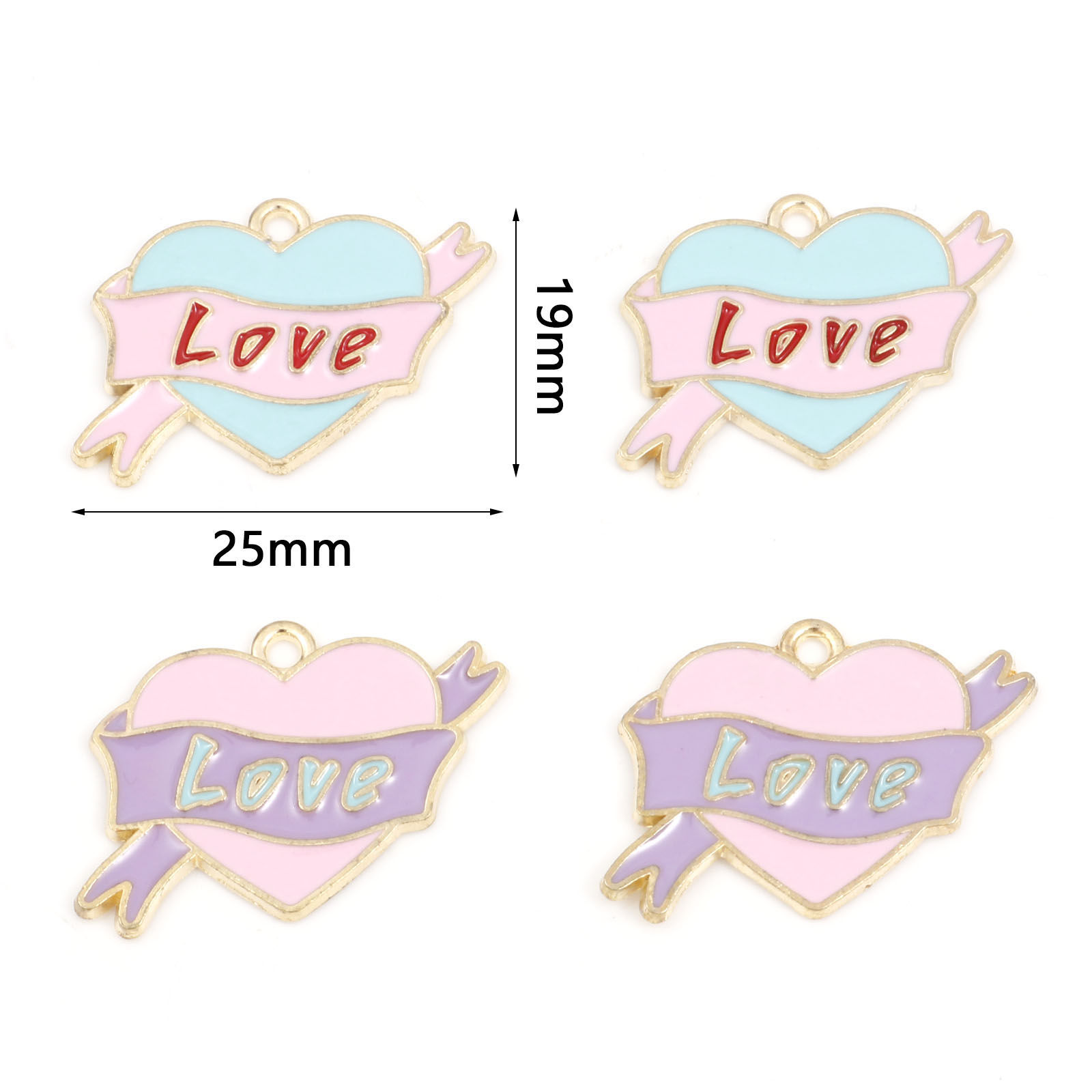 Picture of Zinc Based Alloy Valentine's Day Charms Gold Plated Multicolor Heart Ribbon Message " LOVE " Enamel 25mm x 19mm