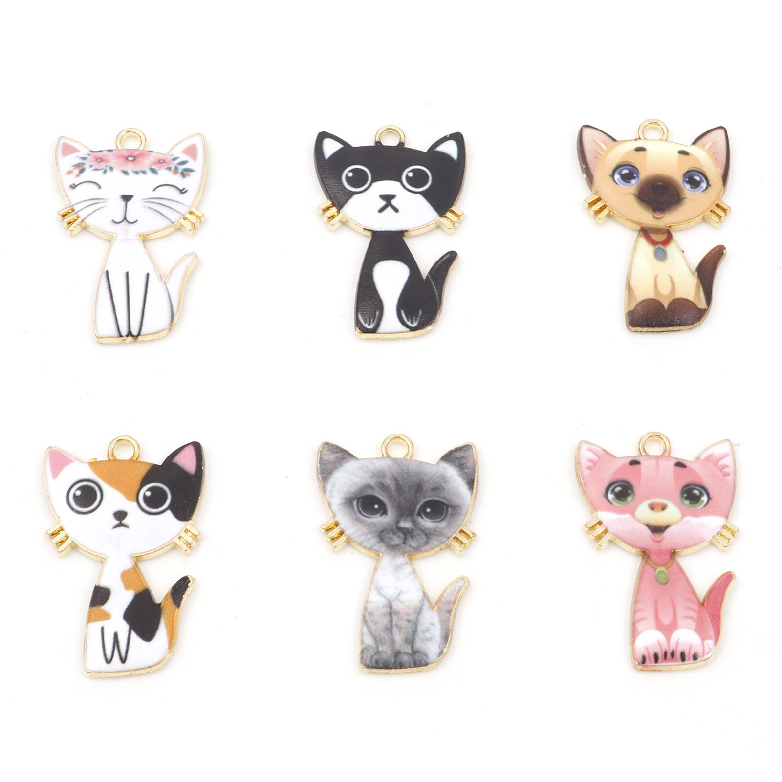 Imagen de Zamak Colgantes Gato Chapado en Oro Multicolor Esmalte 3cm x 2cm, 10 Unidades