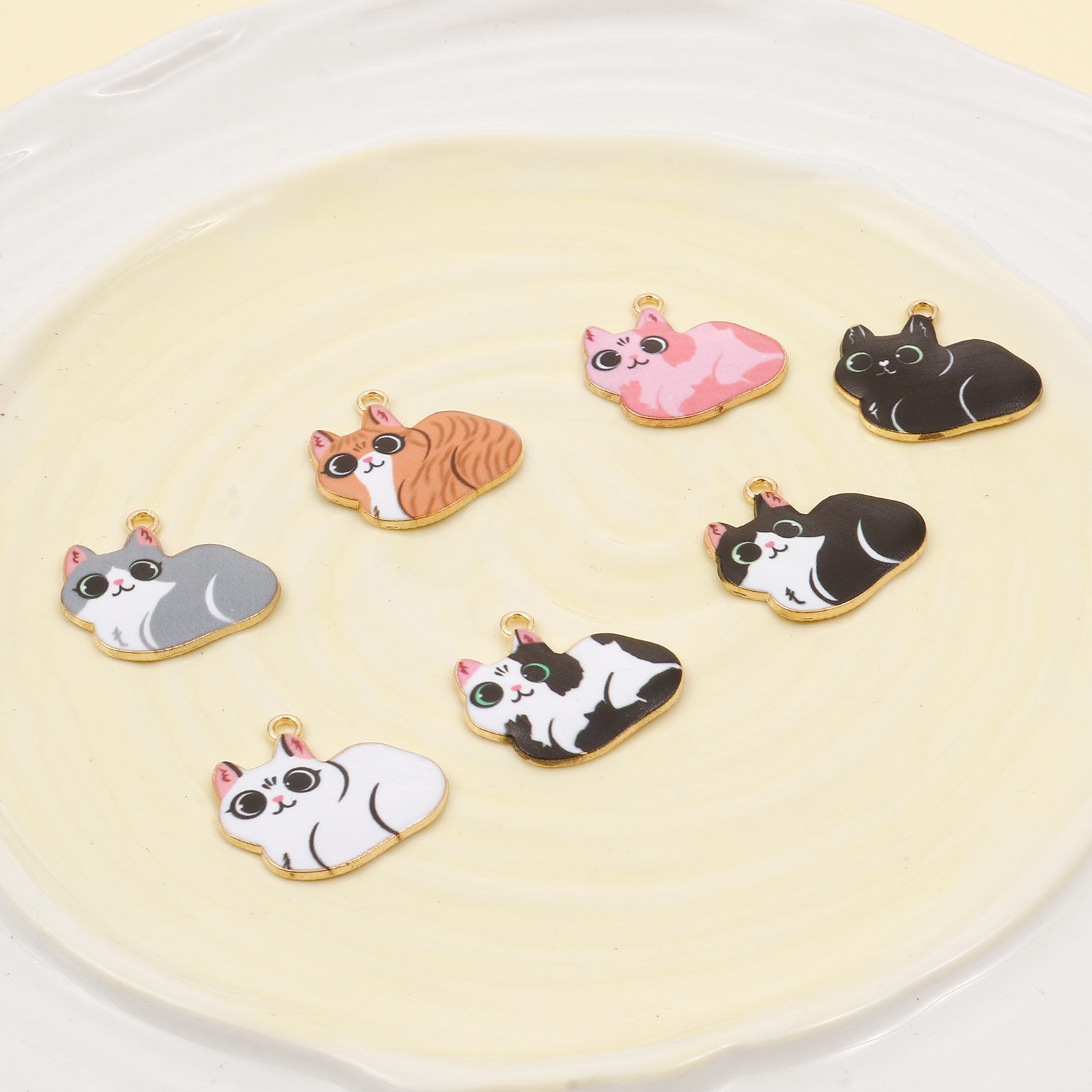 Bild von Zinklegierung Charms Katze Vergoldet Bunt Emaille 23mm x 22mm, 10 Stück