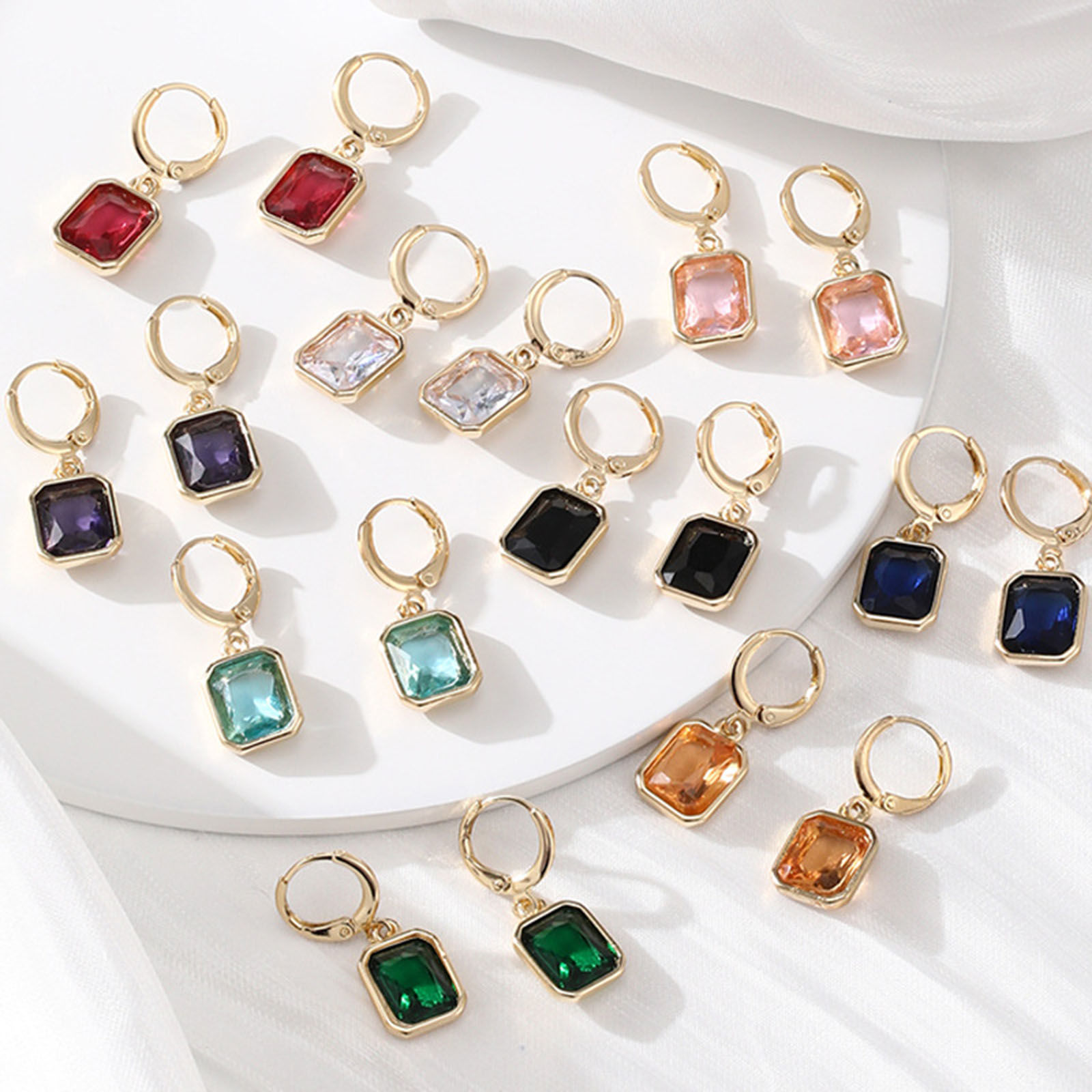 Picture of Brass Simple Earrings Gold Plated Square Multicolour Cubic Zirconia 2.9cm x 1.2cm