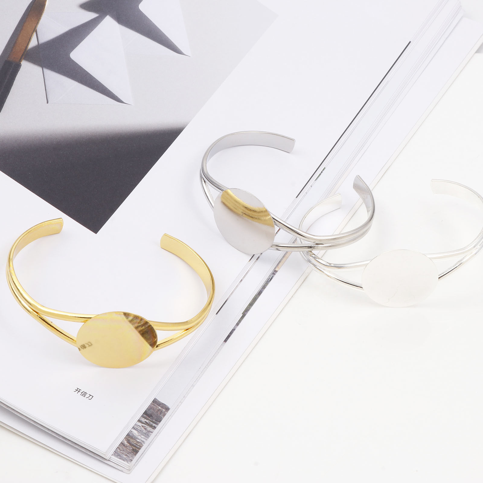 Picture of Brass Cabochon Settings Open Cuff Bangles Bracelets Findings Multicolor 16cm(6 2/8") long
