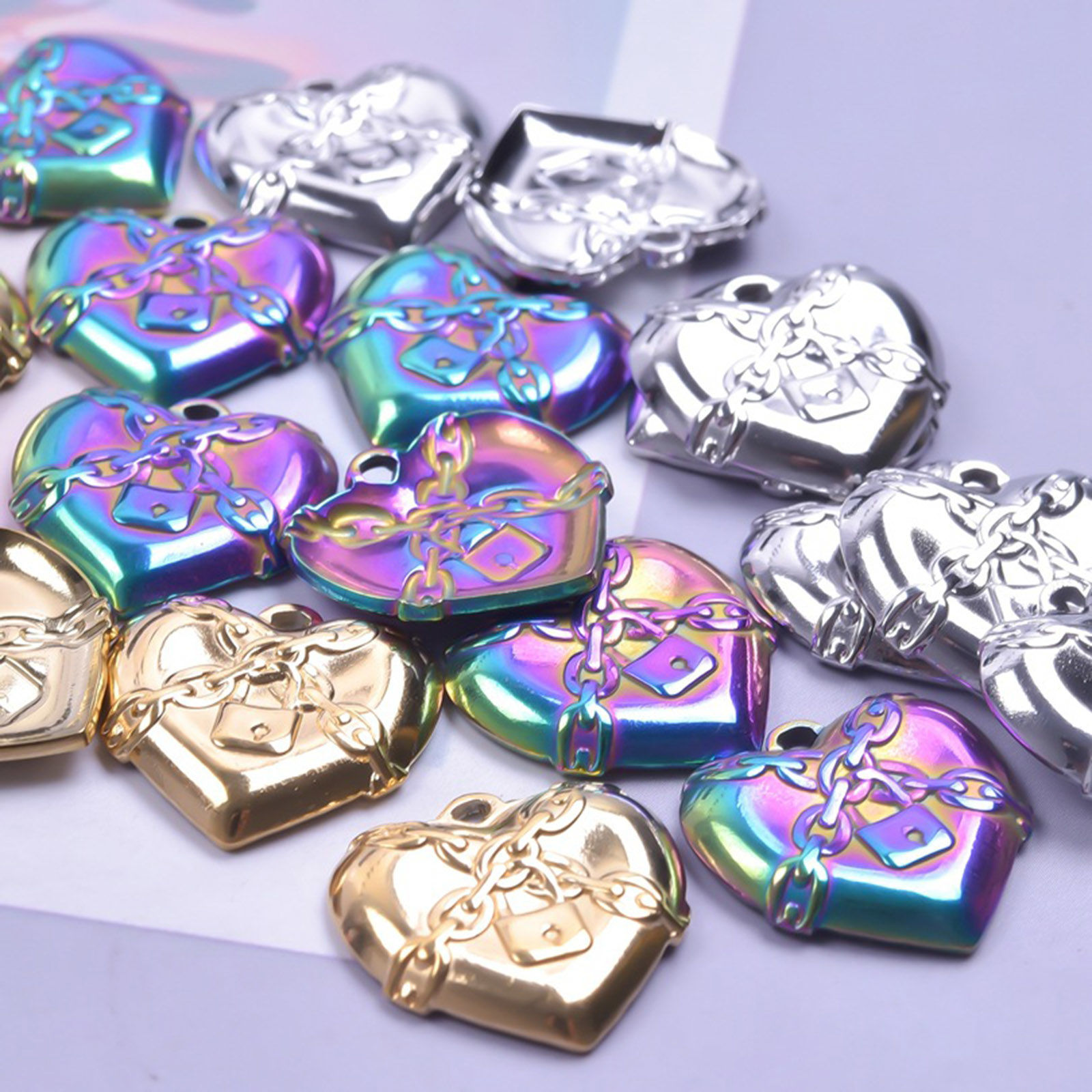 Picture of 304 Stainless Steel Charms Multicolor Heart Lock 20mm x 20mm