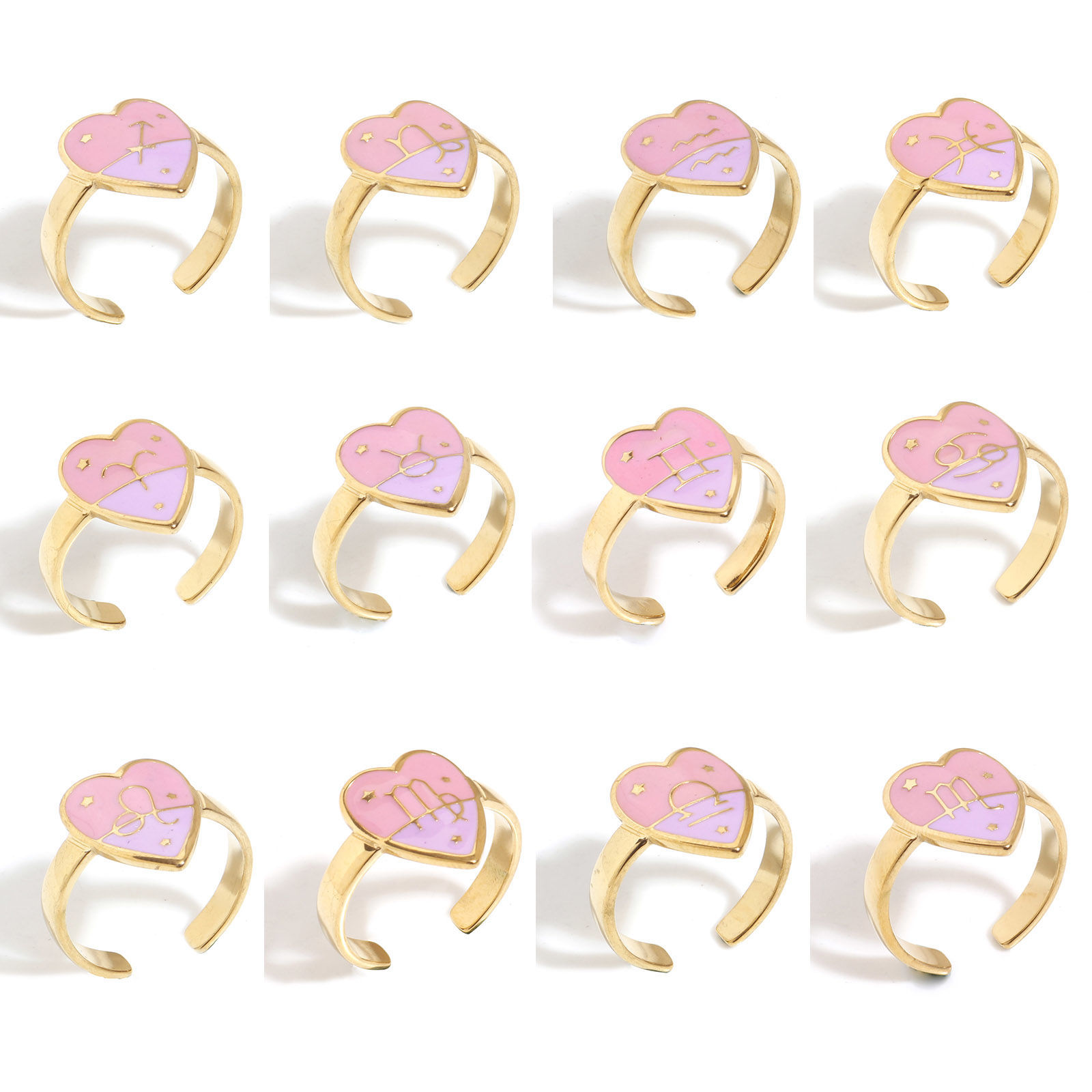 Bild von 304 Edelstahl Valentinstag Offen Ring Vergoldet Rosa & Violett Herz Sternbild Emaille 17.3mm（US Größe:7), 1 Stück