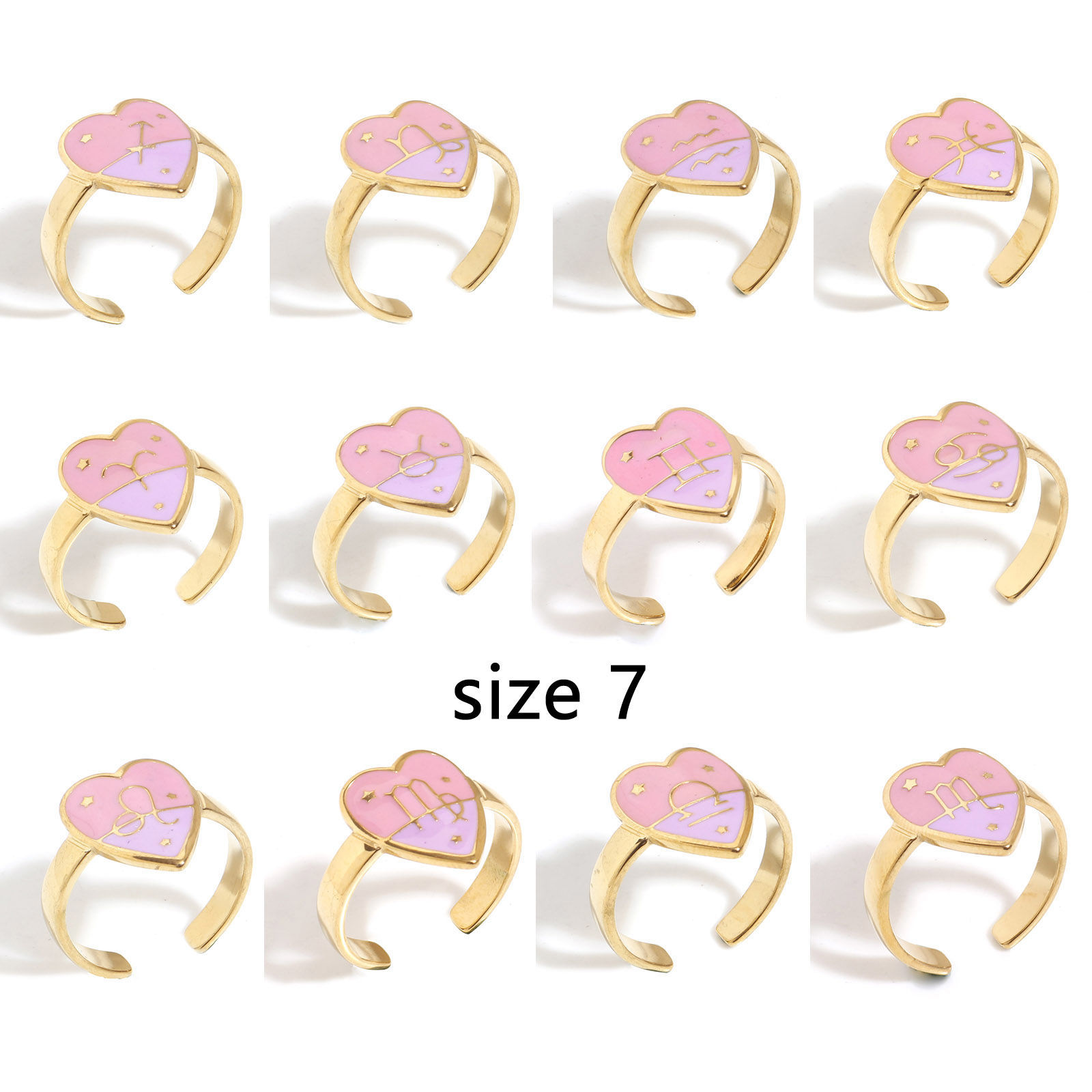 Bild von 304 Edelstahl Valentinstag Offen Ring Vergoldet Rosa & Violett Herz Sternbild Emaille 17.3mm（US Größe:7), 1 Stück