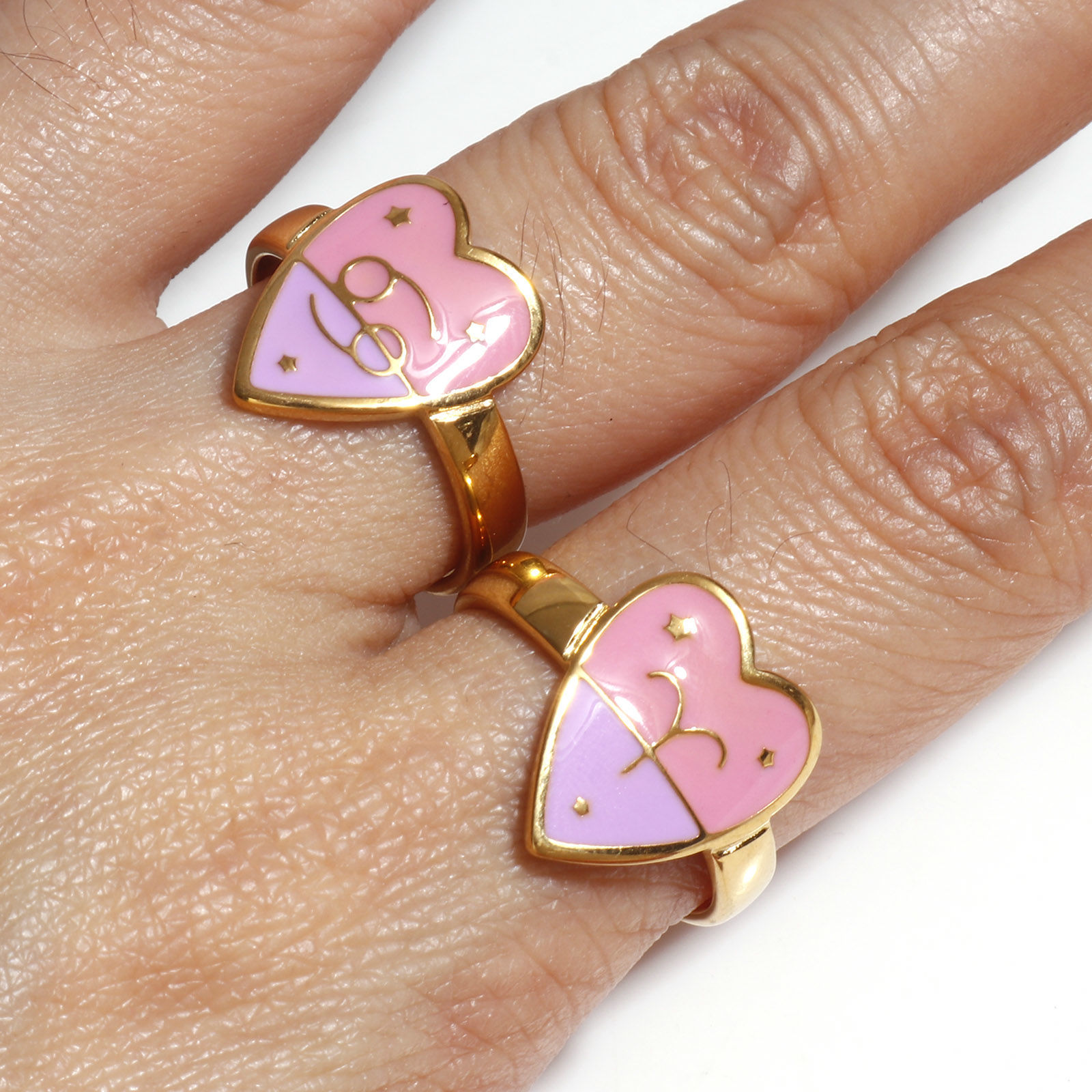 Bild von 304 Edelstahl Valentinstag Offen Ring Vergoldet Rosa & Violett Herz Sternbild Emaille 17.3mm（US Größe:7), 1 Stück