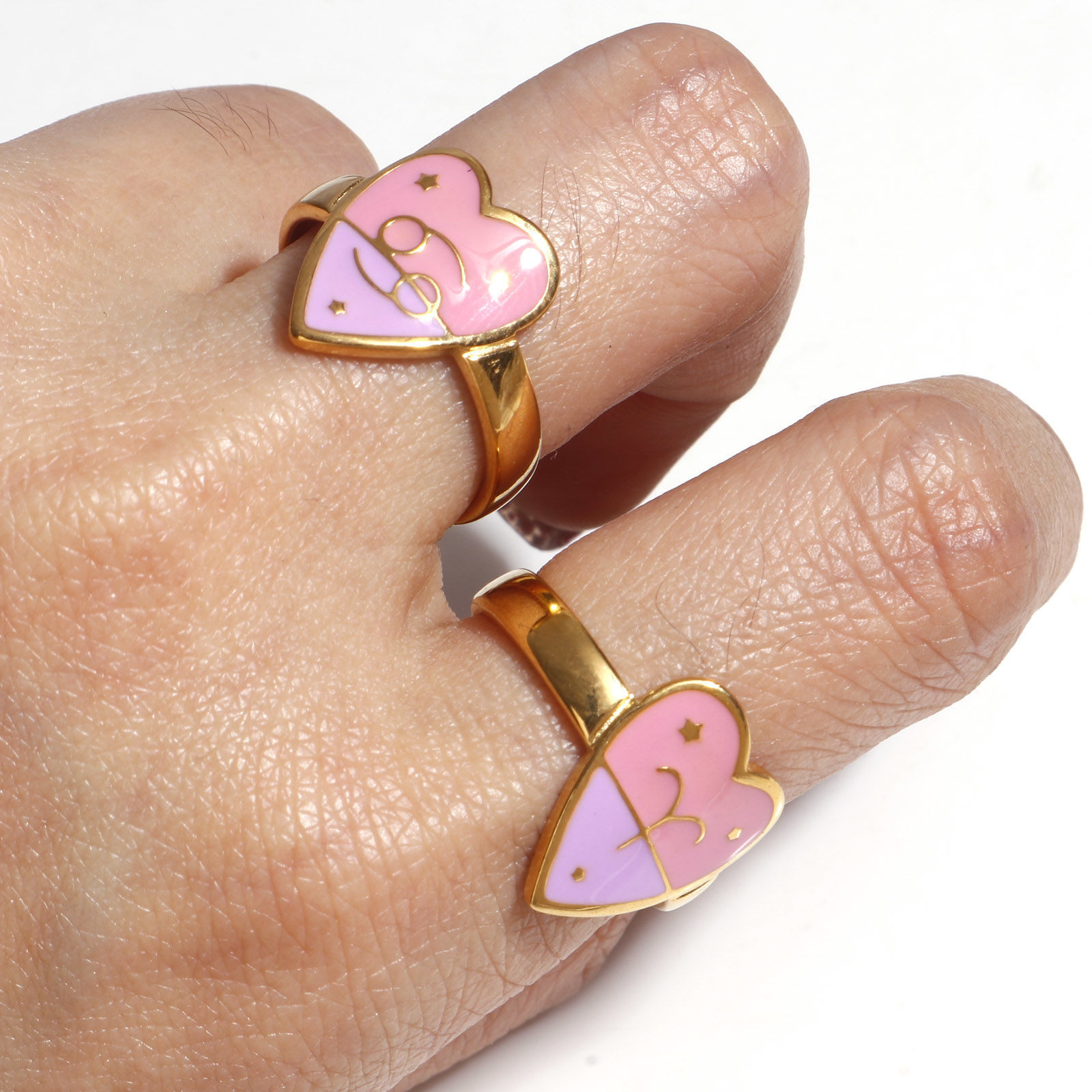 Bild von 304 Edelstahl Valentinstag Offen Ring Vergoldet Rosa & Violett Herz Sternbild Emaille 17.3mm（US Größe:7), 1 Stück