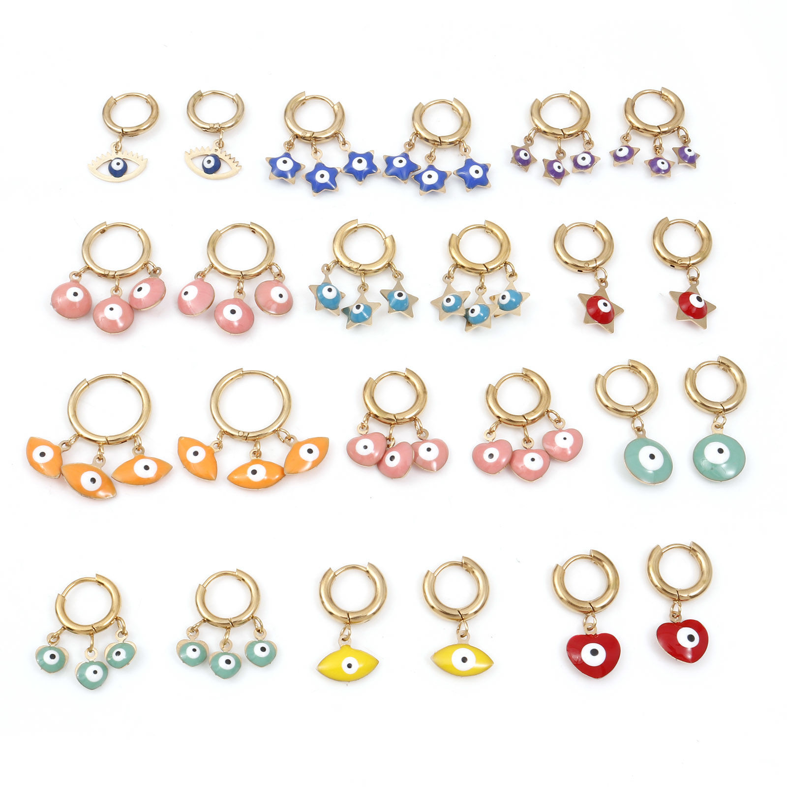 Imagen de 304 Acero Inoxidable Religión Pendientes Círculos Chapado en Oro Multicolor Mal de ojo Esmalte 1 Par