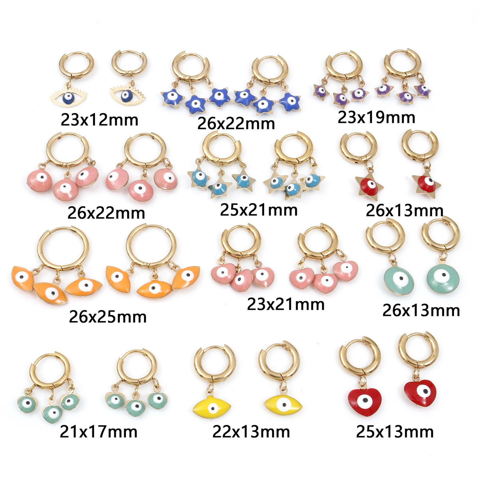 Imagen de 304 Acero Inoxidable Religión Pendientes Círculos Chapado en Oro Multicolor Mal de ojo Esmalte 1 Par