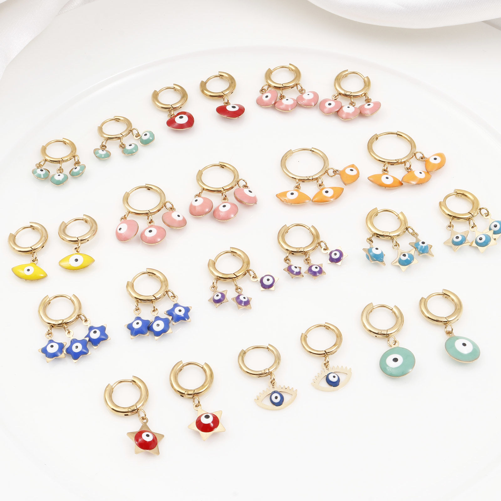 Imagen de 304 Acero Inoxidable Religión Pendientes Círculos Chapado en Oro Multicolor Mal de ojo Esmalte 1 Par