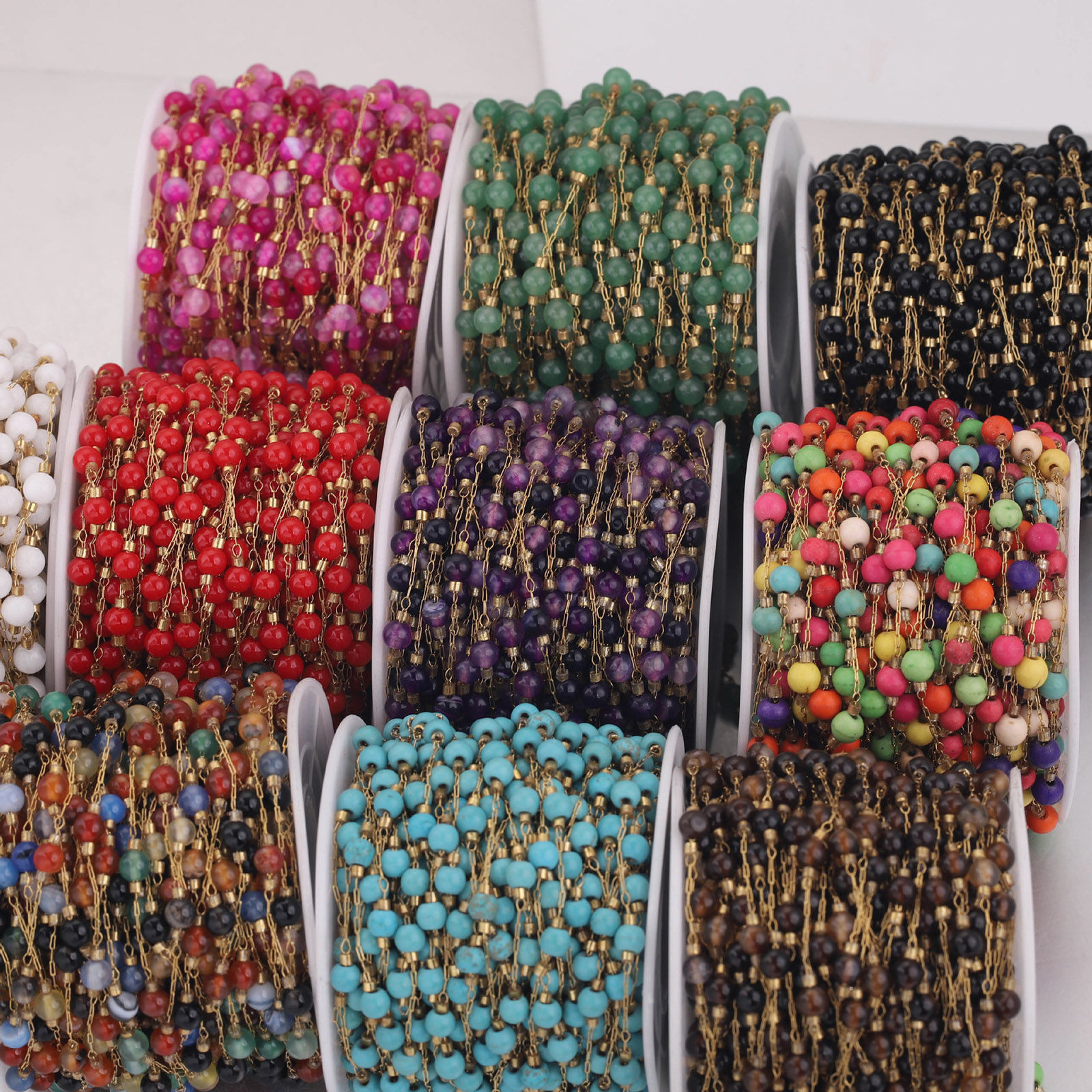 Picture of 1 M Vacuum Plating 304 Stainless Steel & Stone Beaded Chain For Handmade DIY Jewelry Making Findings Gold Plated Multicolor 4.5mm - 4mm