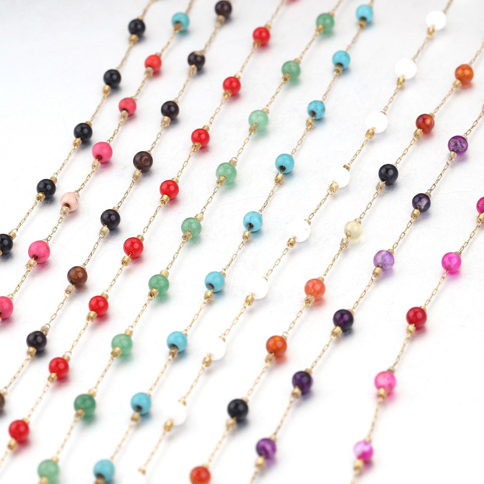 Picture of 1 M Vacuum Plating 304 Stainless Steel & Stone Beaded Chain For Handmade DIY Jewelry Making Findings Gold Plated Multicolor 4.5mm - 4mm