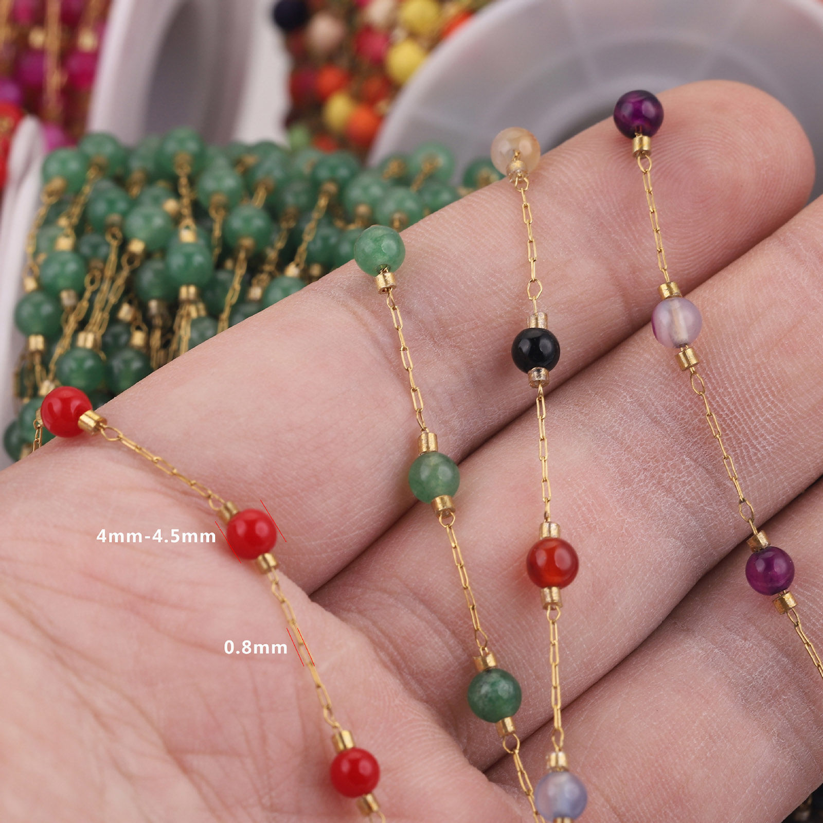 Picture of 1 M Vacuum Plating 304 Stainless Steel & Stone Beaded Chain For Handmade DIY Jewelry Making Findings Gold Plated Multicolor 4.5mm - 4mm