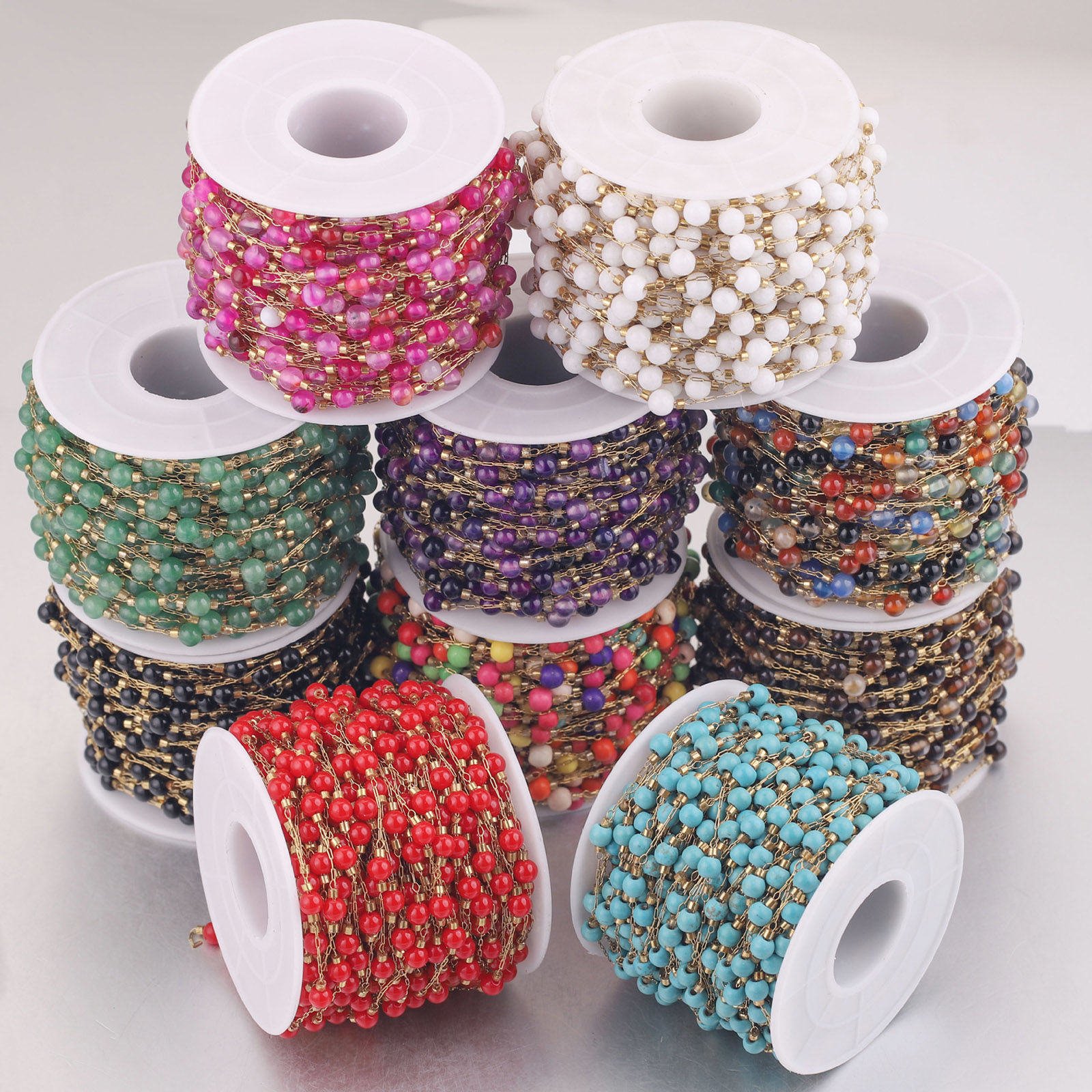 Picture of 1 M Vacuum Plating 304 Stainless Steel & Stone Beaded Chain For Handmade DIY Jewelry Making Findings Gold Plated Multicolor 4.5mm - 4mm