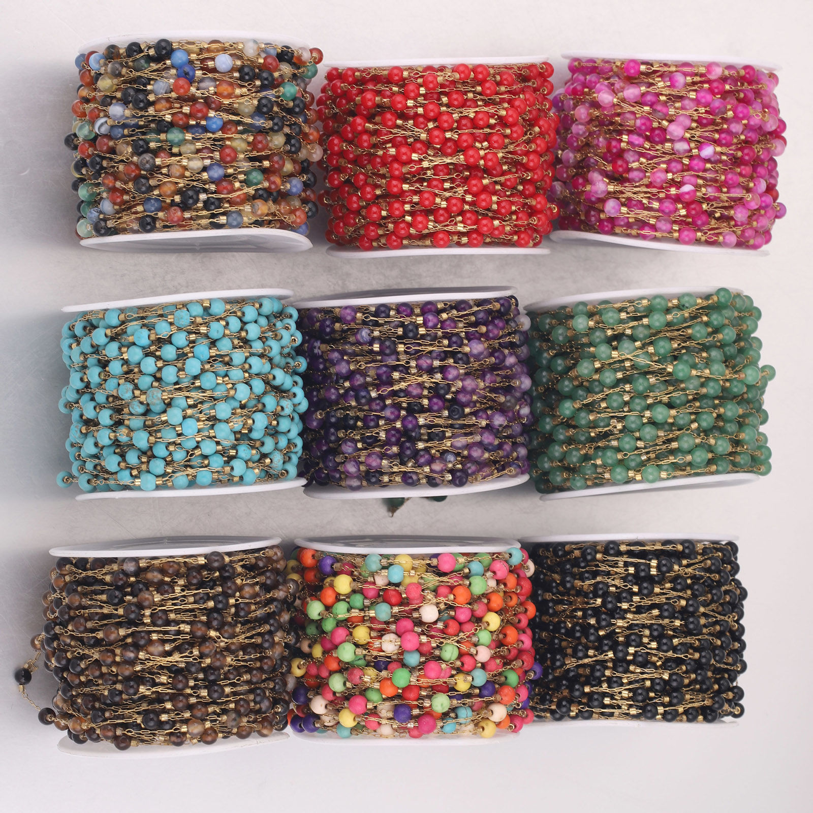 Picture of 1 M Vacuum Plating 304 Stainless Steel & Stone Beaded Chain For Handmade DIY Jewelry Making Findings Gold Plated Multicolor 4.5mm - 4mm