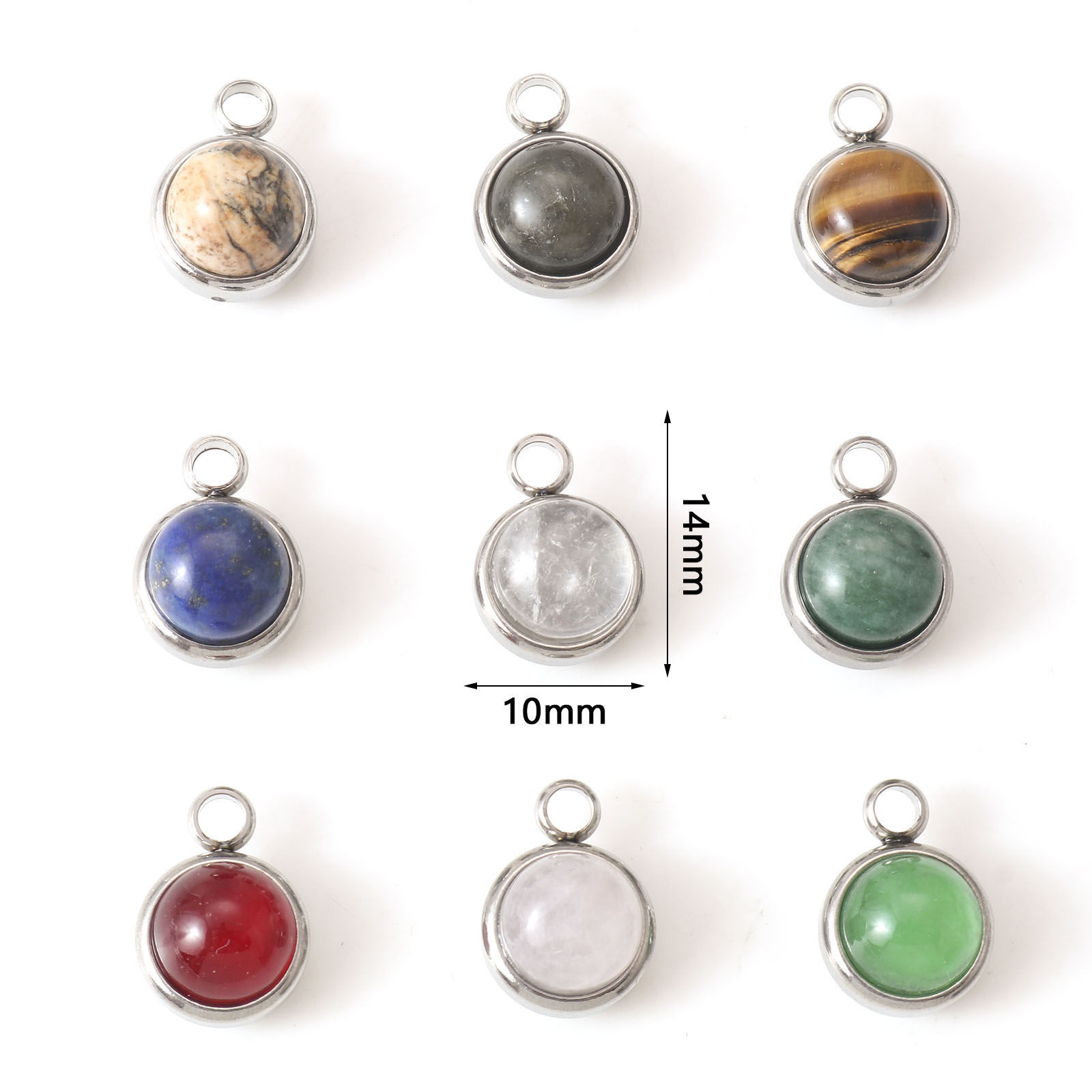 Bild von Anhänger aus 304 Edelstahl und Edelsteinen, silberfarben, mehrfarbig, rund, 14 mm x 10 mm