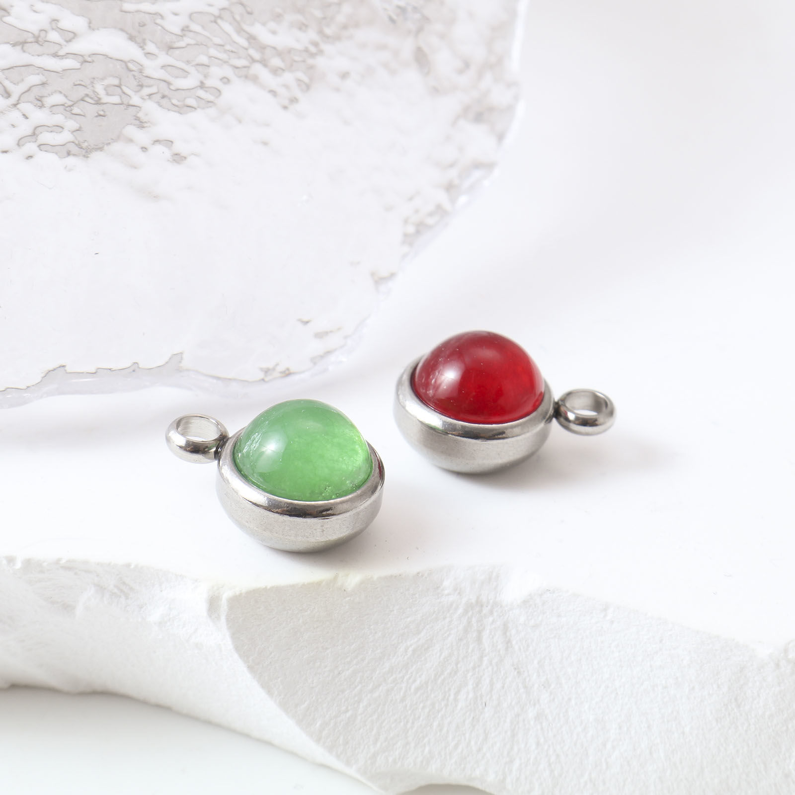 Bild von Anhänger aus 304 Edelstahl und Edelsteinen, silberfarben, mehrfarbig, rund, 14 mm x 10 mm