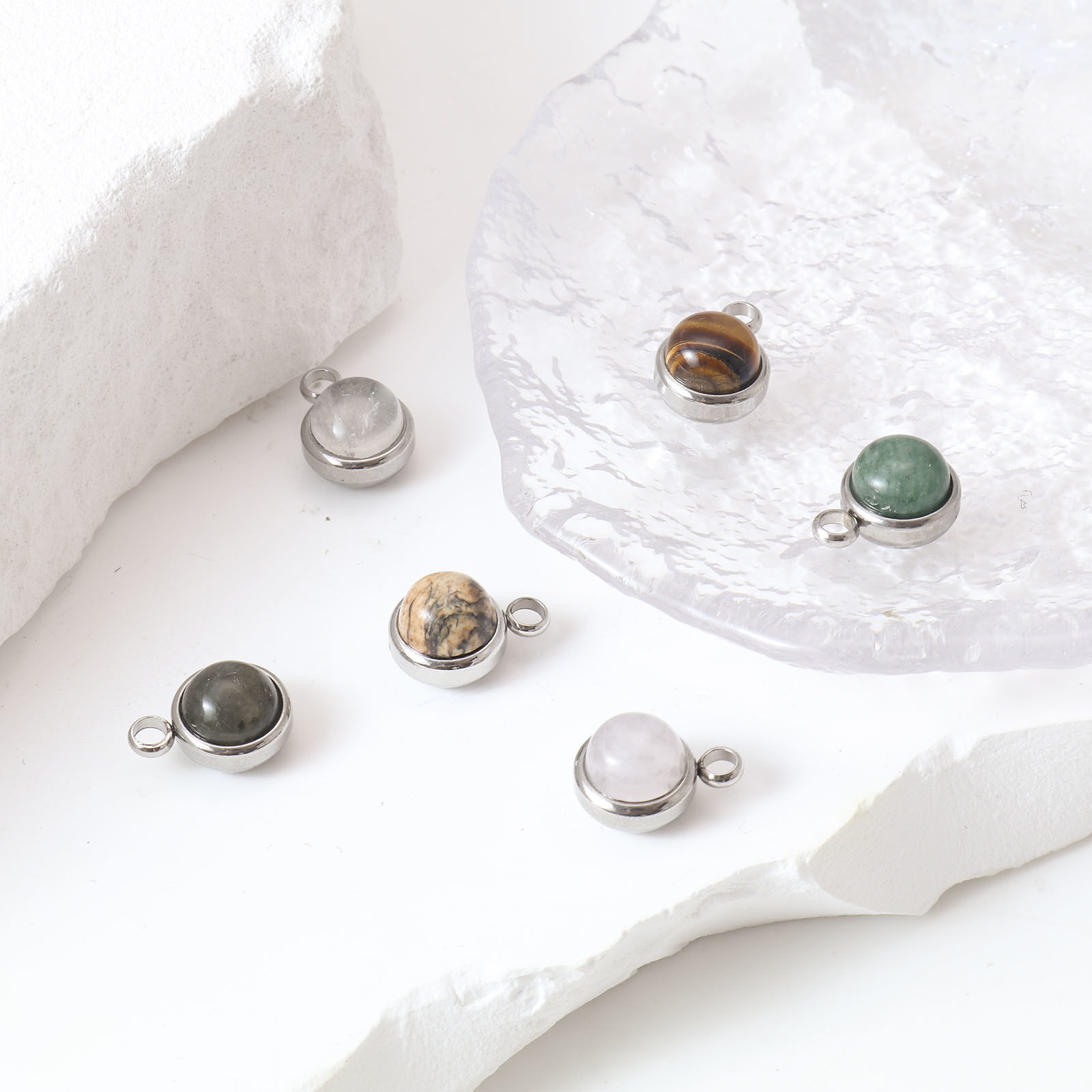 Bild von Anhänger aus 304 Edelstahl und Edelsteinen, silberfarben, mehrfarbig, rund, 14 mm x 10 mm