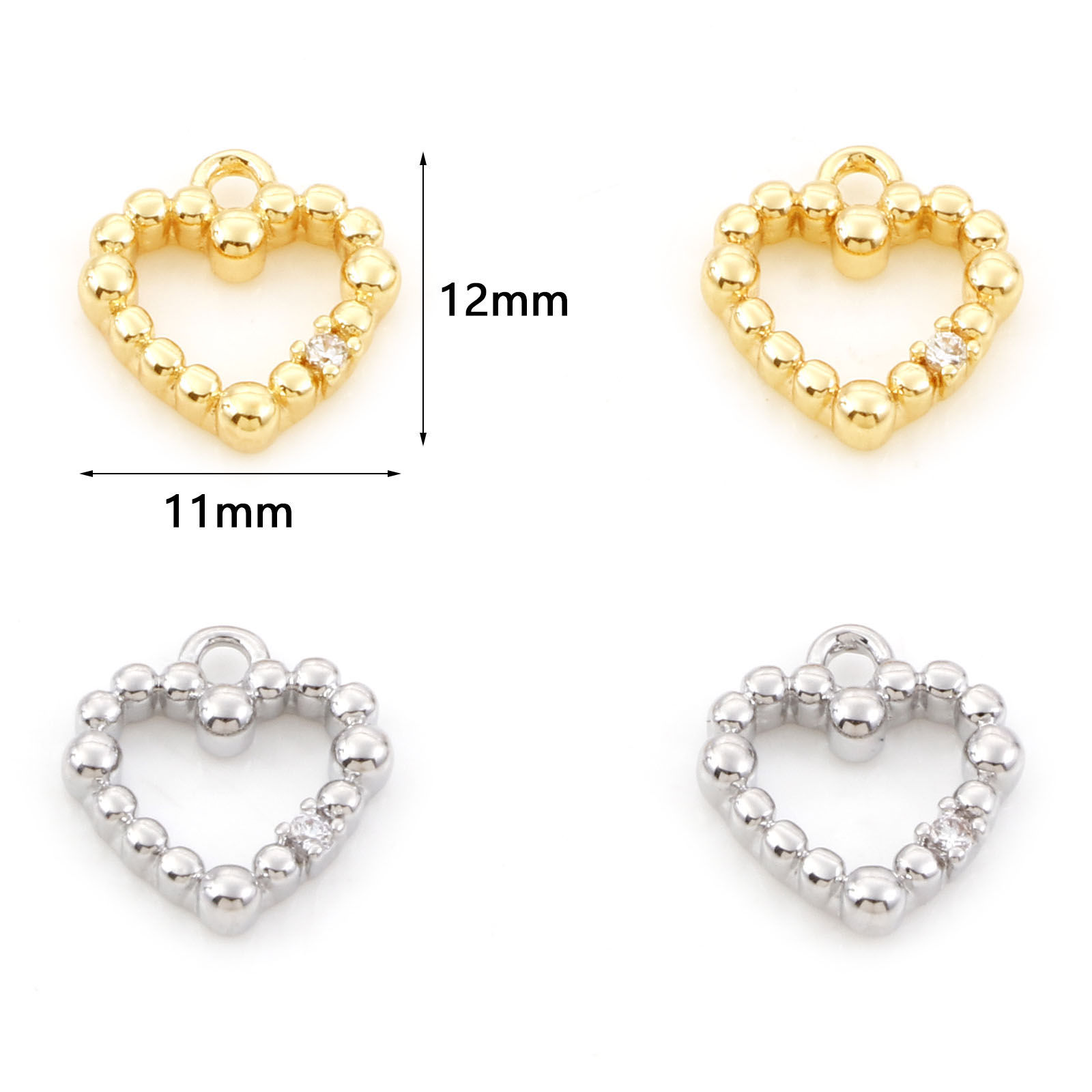 Picture of Brass Valentine's Day Charms Heart Real Gold Plated Micro Pave Clear Cubic Zirconia 12mm x 11mm