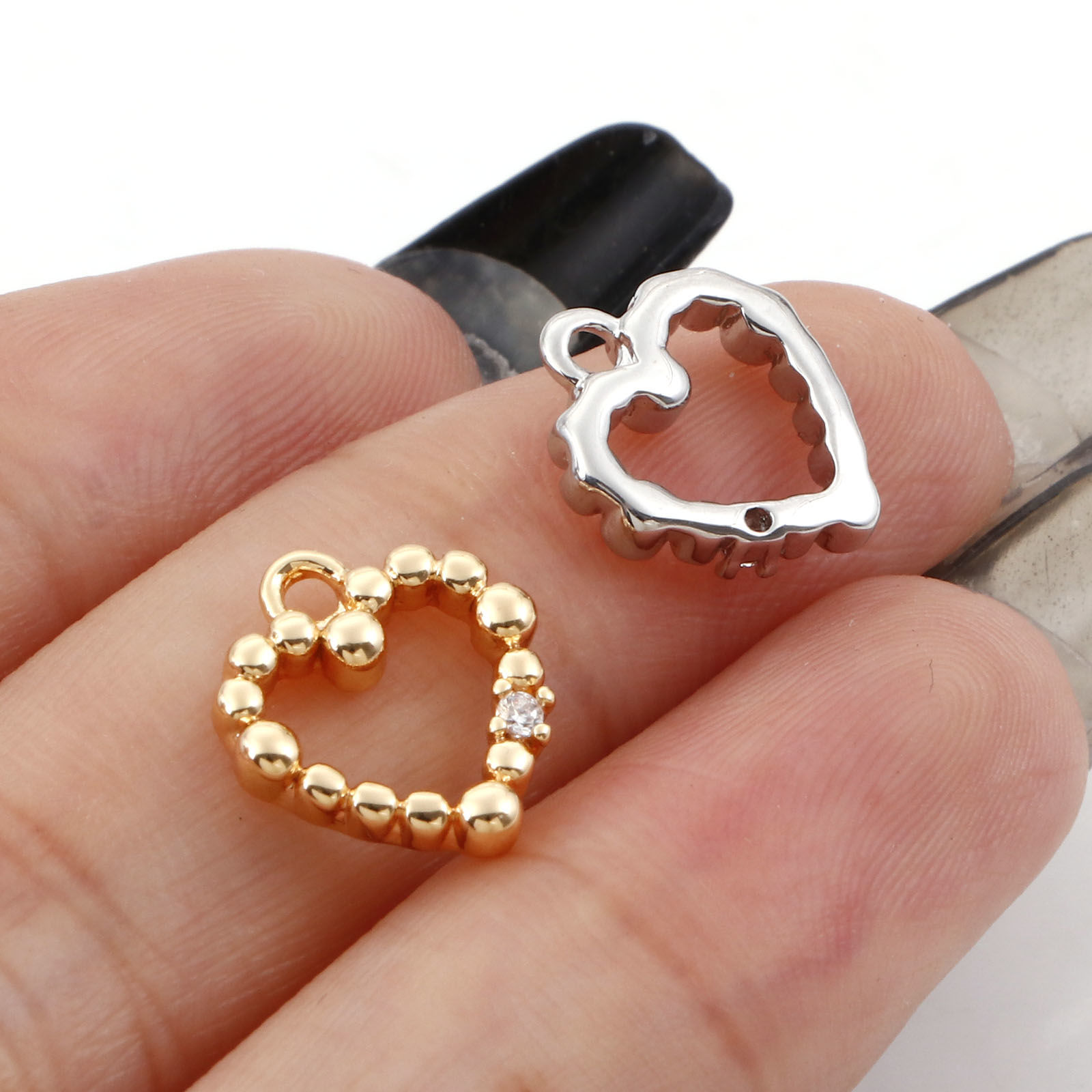 Picture of Brass Valentine's Day Charms Heart Real Gold Plated Micro Pave Clear Cubic Zirconia 12mm x 11mm