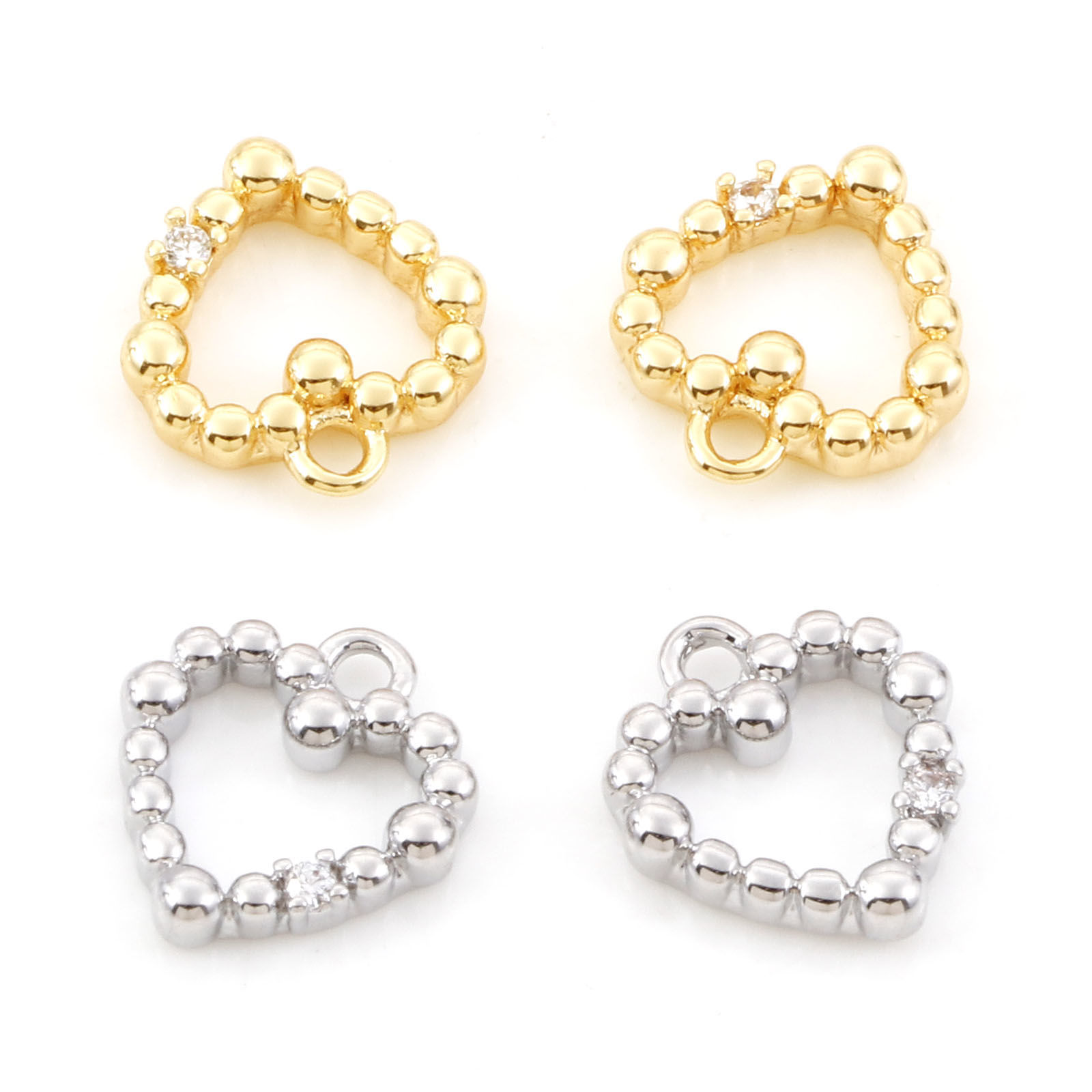 Picture of Brass Valentine's Day Charms Heart Real Gold Plated Micro Pave Clear Cubic Zirconia 12mm x 11mm