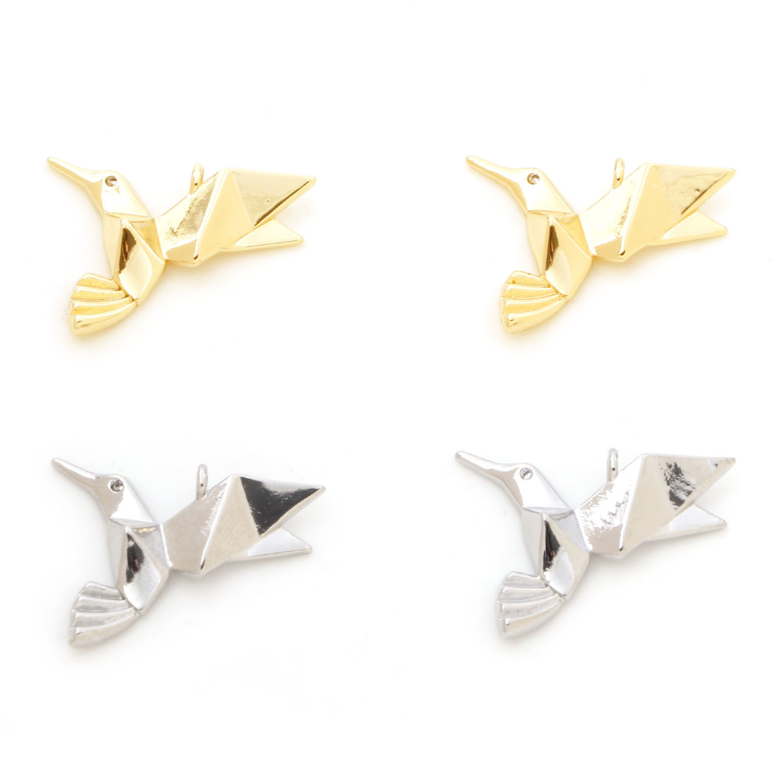 Изображение Латунь Оригами Подвески колибри настоящее золото с покрытием Бижутерия усыпанная мелким фианит Прозрачный Искусственный Циркон 22мм x 17мм, 2 ШТ