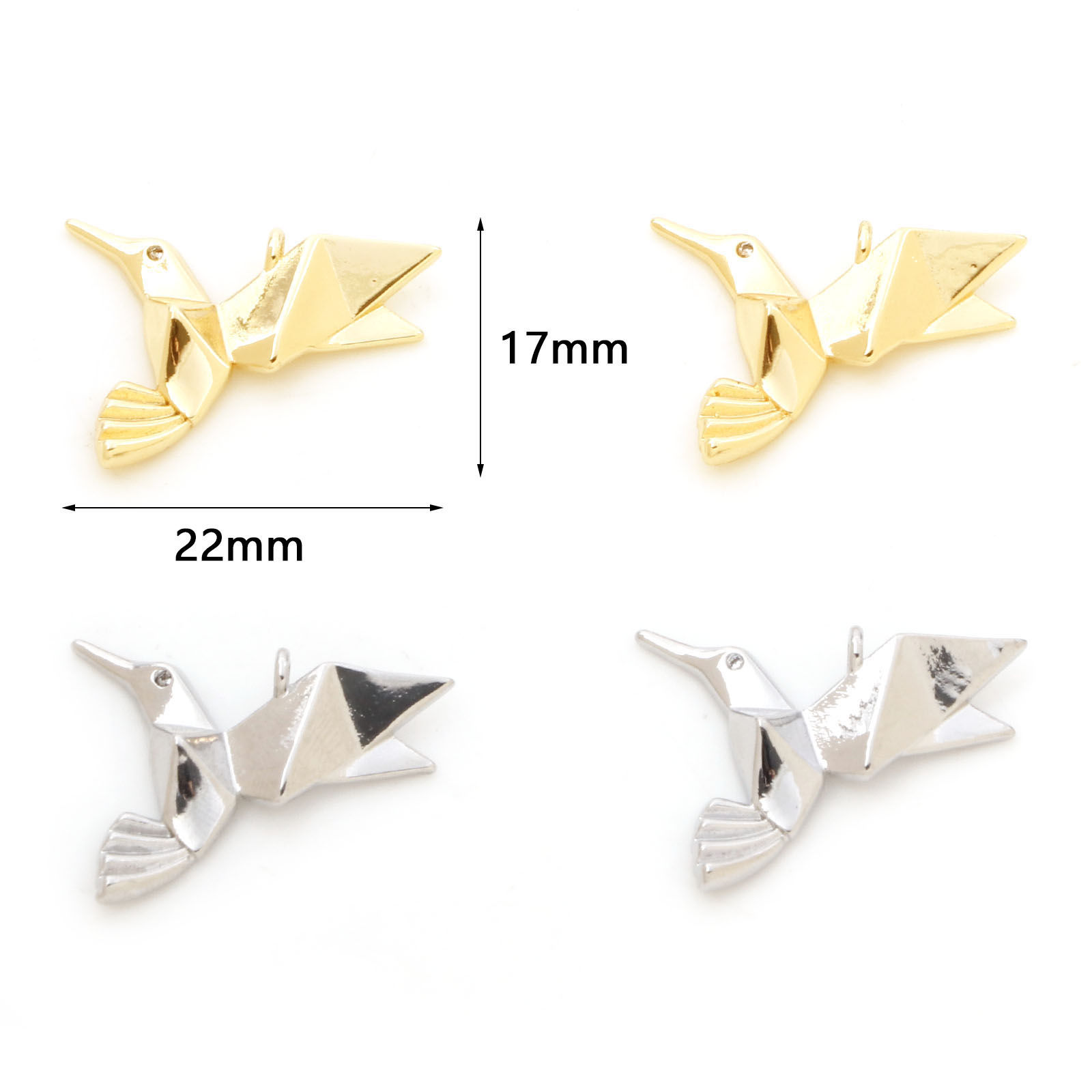 Изображение Латунь Оригами Подвески колибри настоящее золото с покрытием Бижутерия усыпанная мелким фианит Прозрачный Искусственный Циркон 22мм x 17мм, 2 ШТ