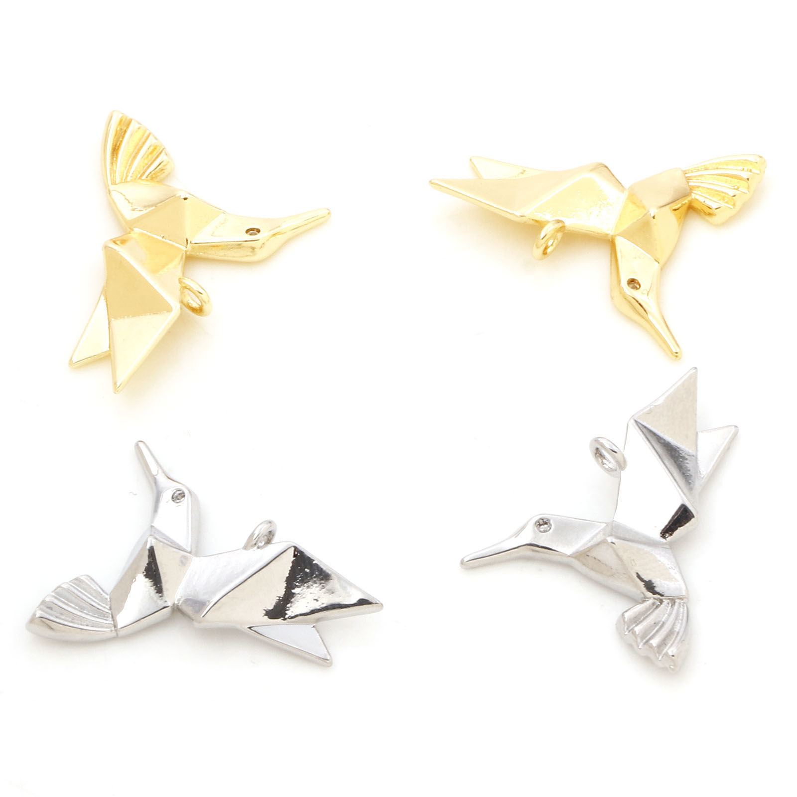 Изображение Латунь Оригами Подвески колибри настоящее золото с покрытием Бижутерия усыпанная мелким фианит Прозрачный Искусственный Циркон 22мм x 17мм, 2 ШТ