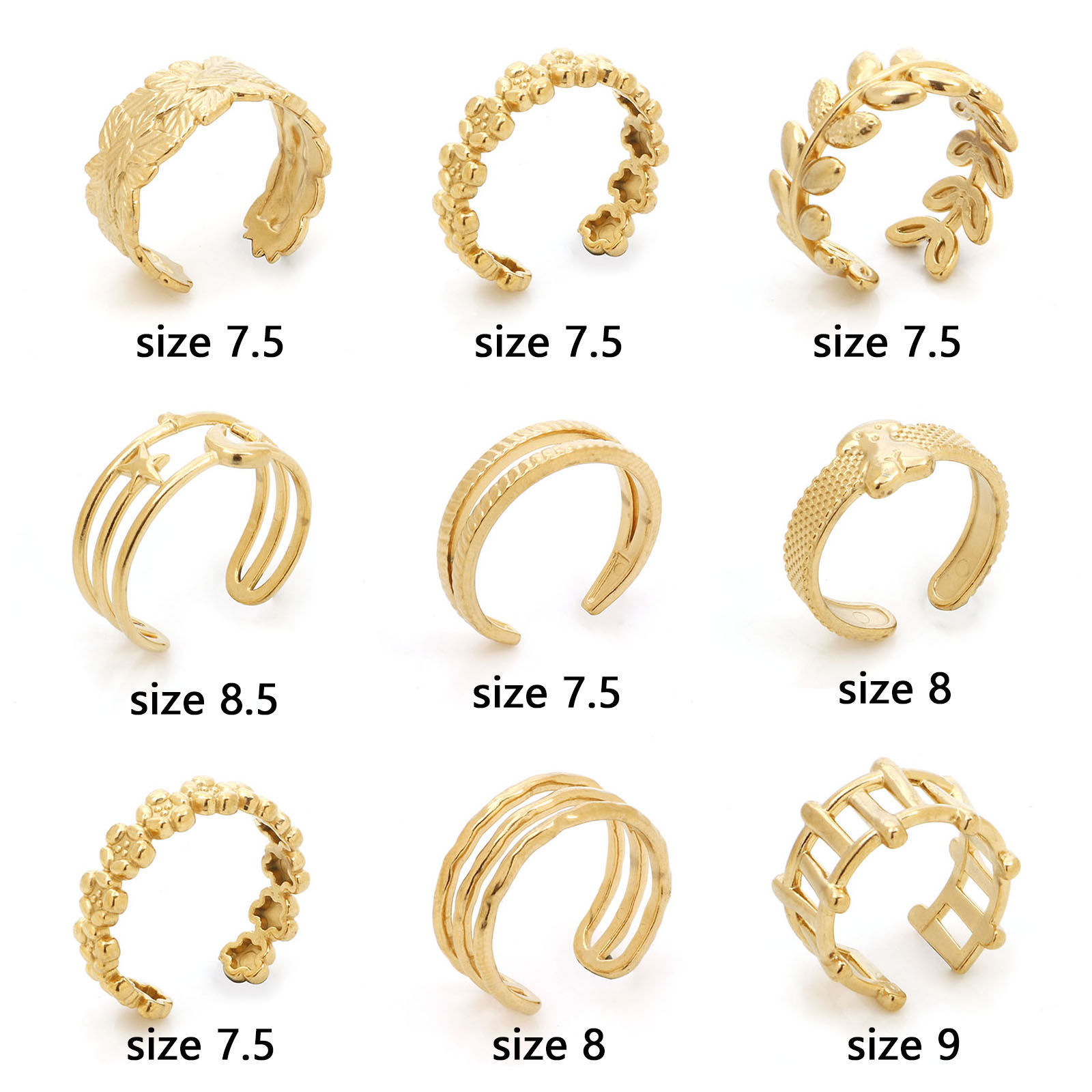 304ステンレス鋼 オープンタイプ 調整可能 リング 指輪 金メッキ 1 個 の画像