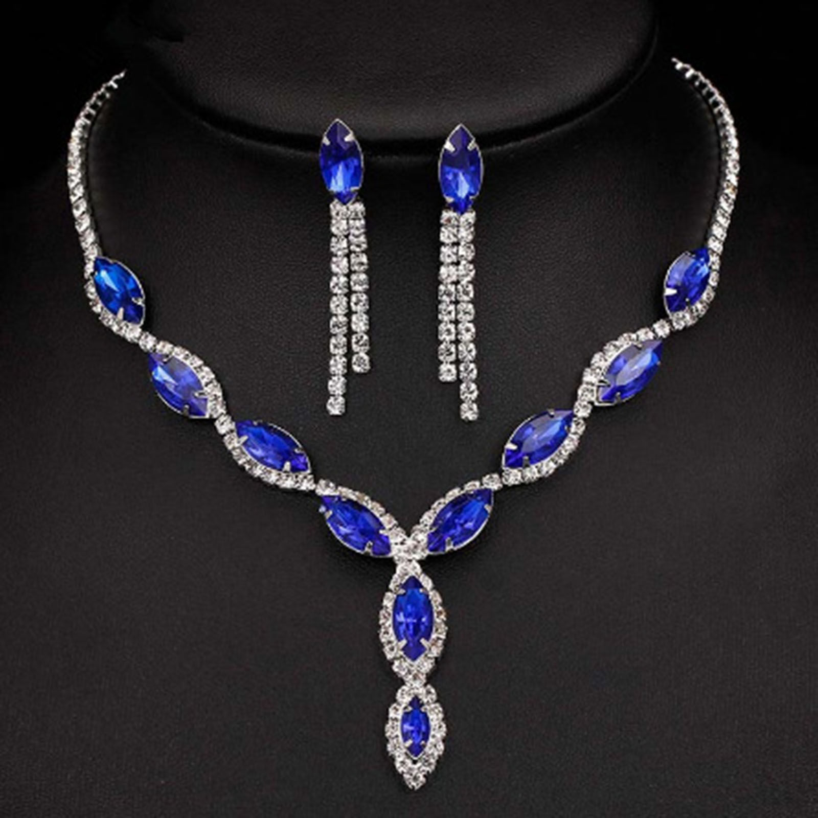 Bild von Hochzeit Schmuck Halskette Ohrringe Set Silberfarbe Marquise Quaste Bunt Strass 1 Set