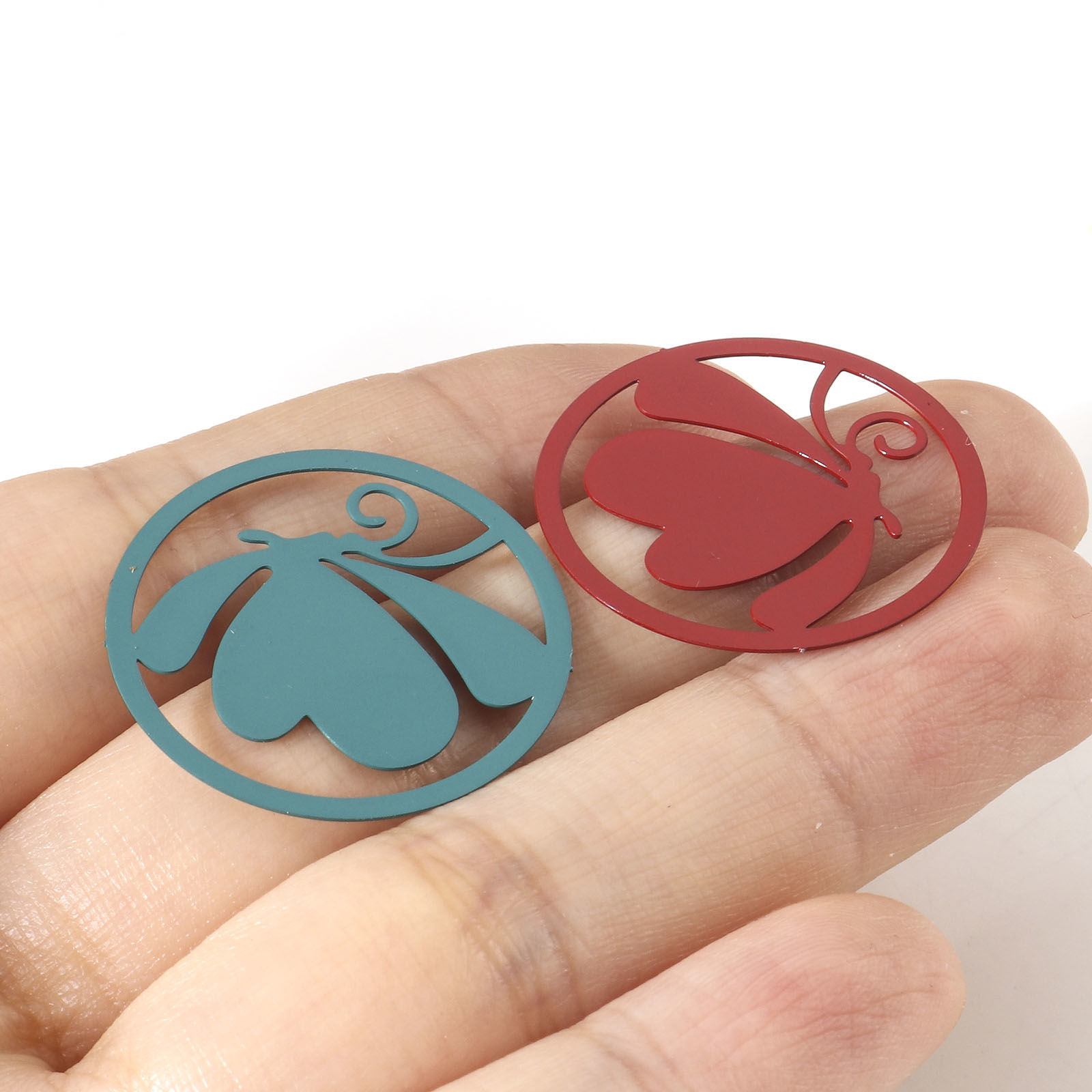 Picture of Iron Based Alloy Filigree Stamping Connectors Round Multicolor Butterfly Painted 25mm Dia., 10 PCs
