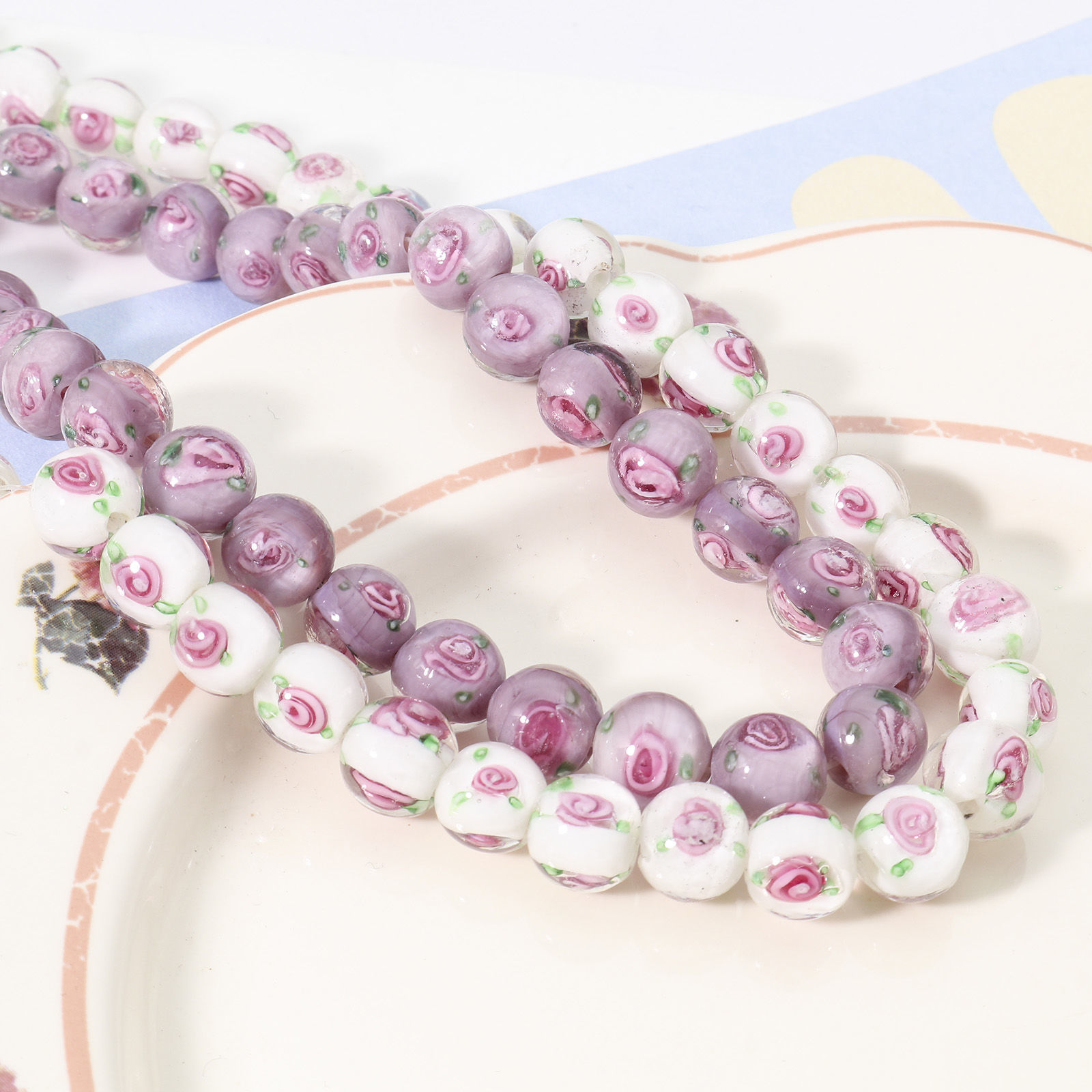 Изображение Бусины Лэмпворк, Круглые, Разноцветный с узором “ Цветок Листья ” 10мм диаметр, 1.6мм, 10 ШТ