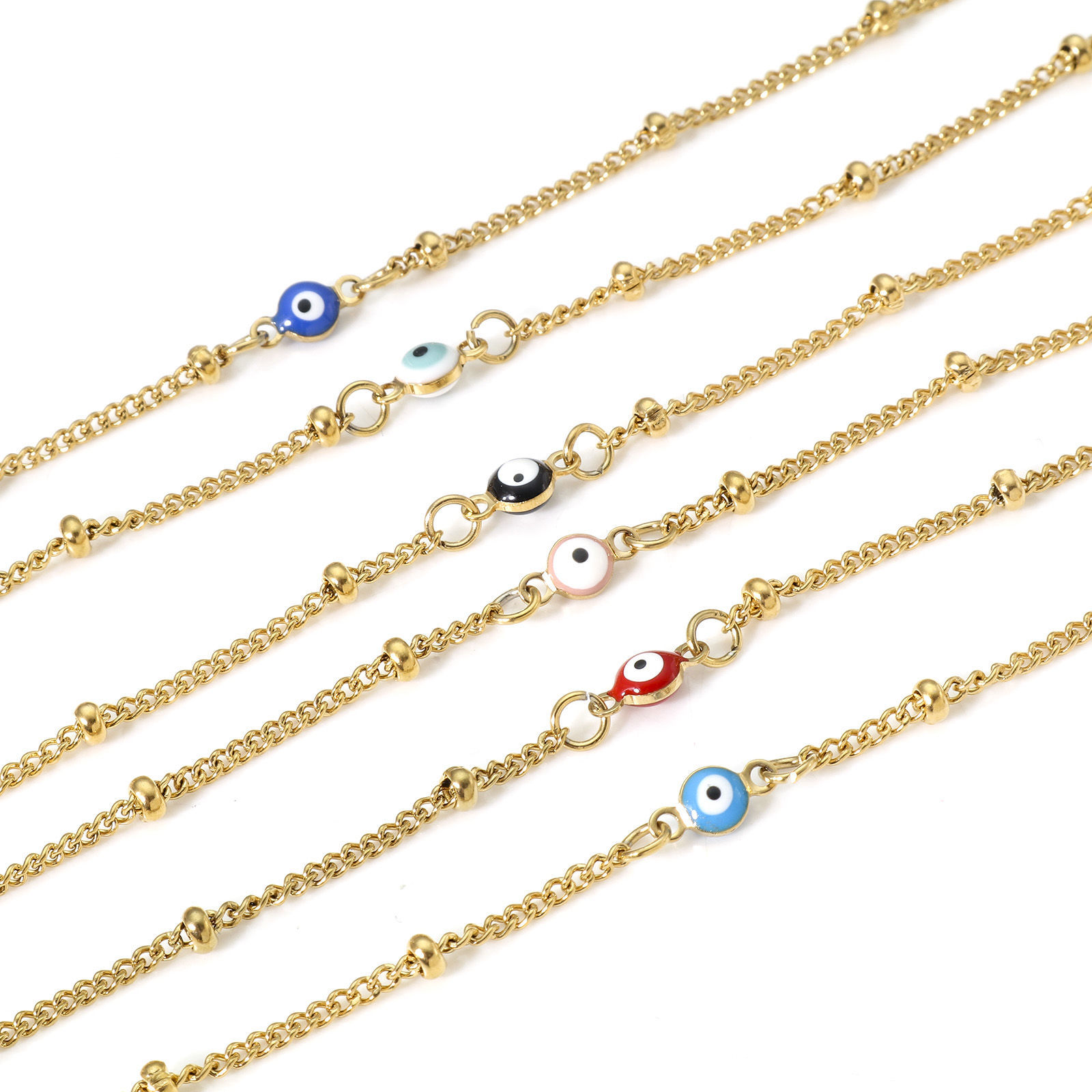 Imagen de 1 Unidad Enchapado al Vacío 304 Acero Inoxidable Religión Link Curb Chain Tobilleras Chapado en Oro Multicolor Esmalte de Doble Cara Ronda Mal de ojo 21.5cm longitud