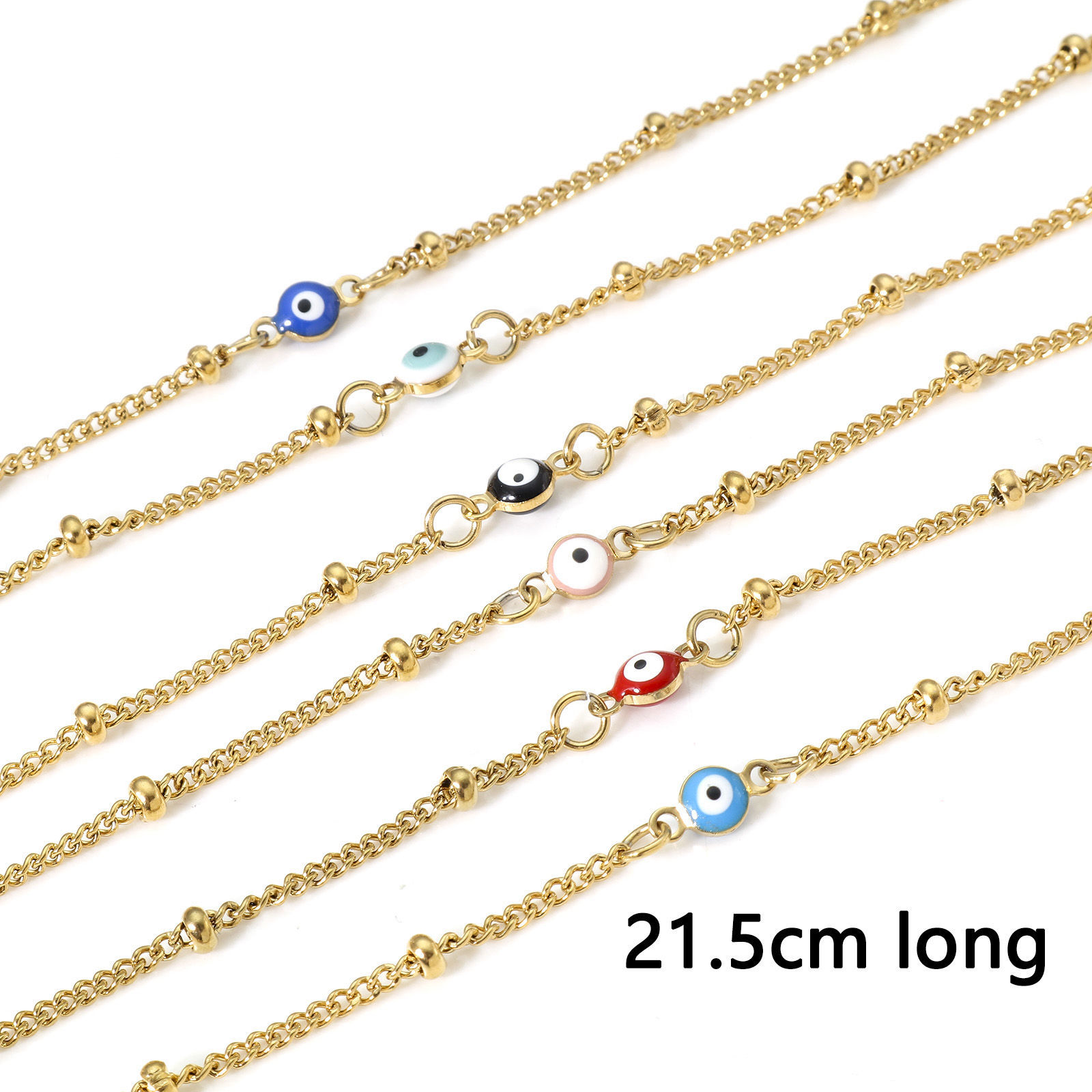 Imagen de 1 Unidad Enchapado al Vacío 304 Acero Inoxidable Religión Link Curb Chain Tobilleras Chapado en Oro Multicolor Esmalte de Doble Cara Ronda Mal de ojo 21.5cm longitud