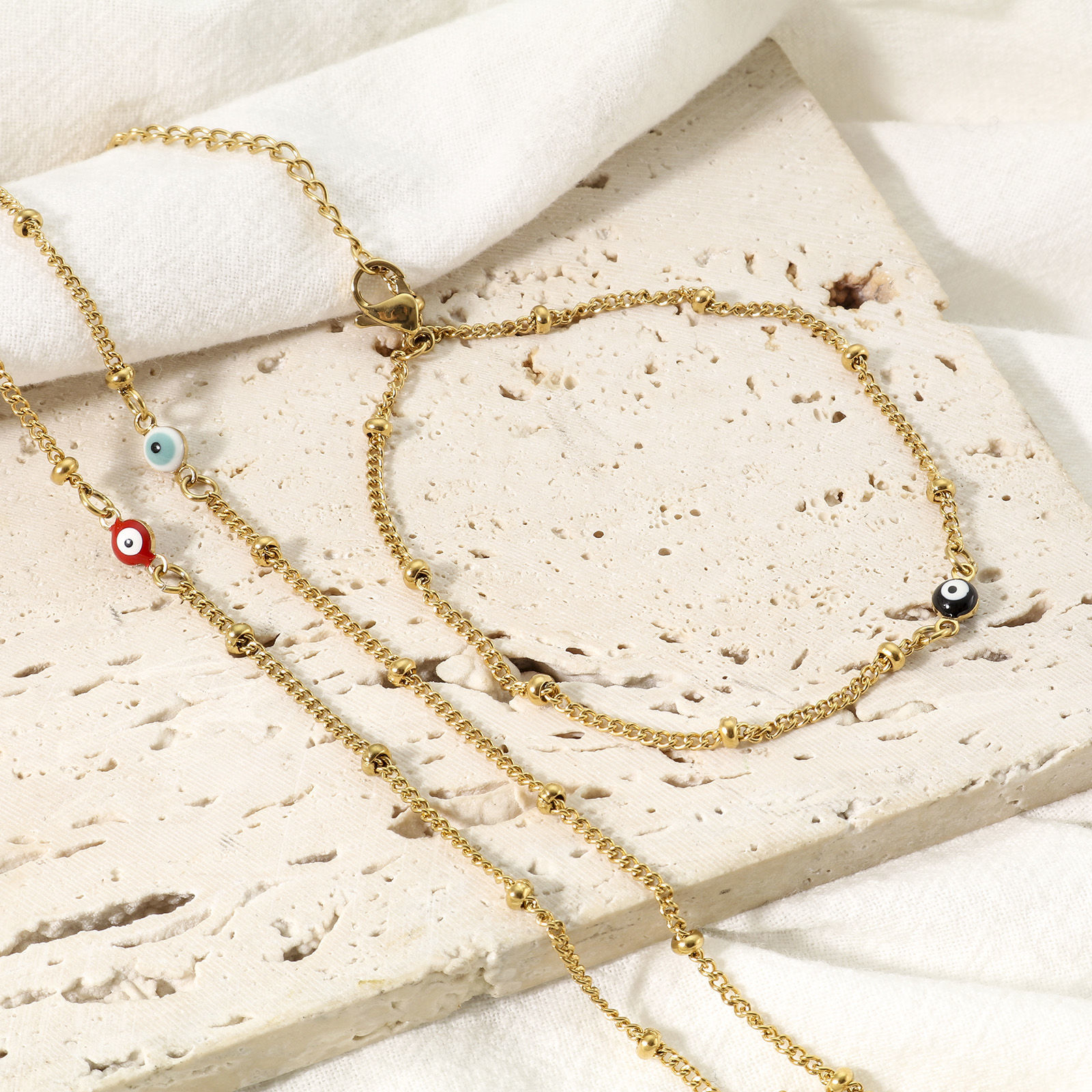 Imagen de 1 Unidad Enchapado al Vacío 304 Acero Inoxidable Religión Link Curb Chain Tobilleras Chapado en Oro Multicolor Esmalte de Doble Cara Ronda Mal de ojo 21.5cm longitud