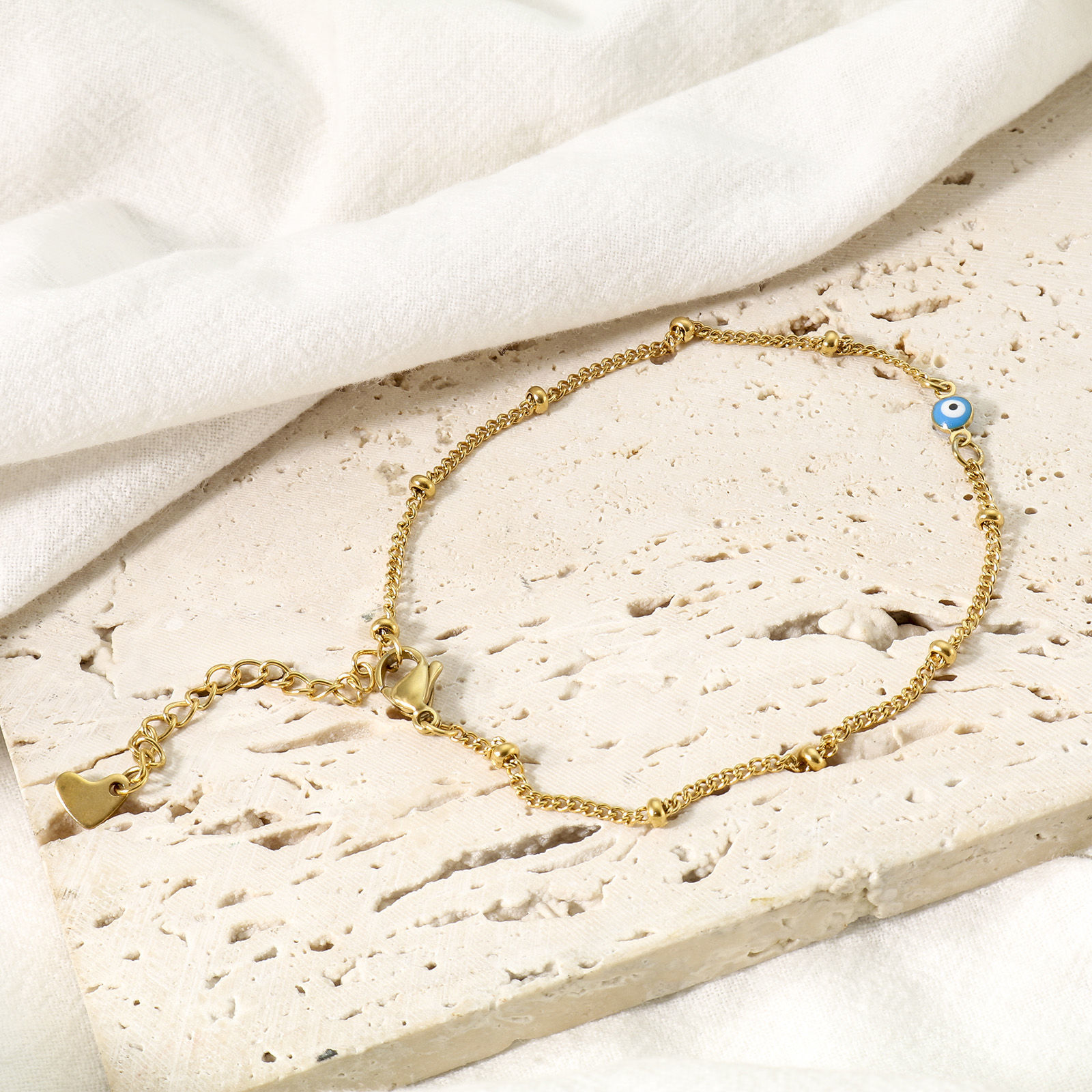 Imagen de 1 Unidad Enchapado al Vacío 304 Acero Inoxidable Religión Link Curb Chain Tobilleras Chapado en Oro Multicolor Esmalte de Doble Cara Ronda Mal de ojo 21.5cm longitud