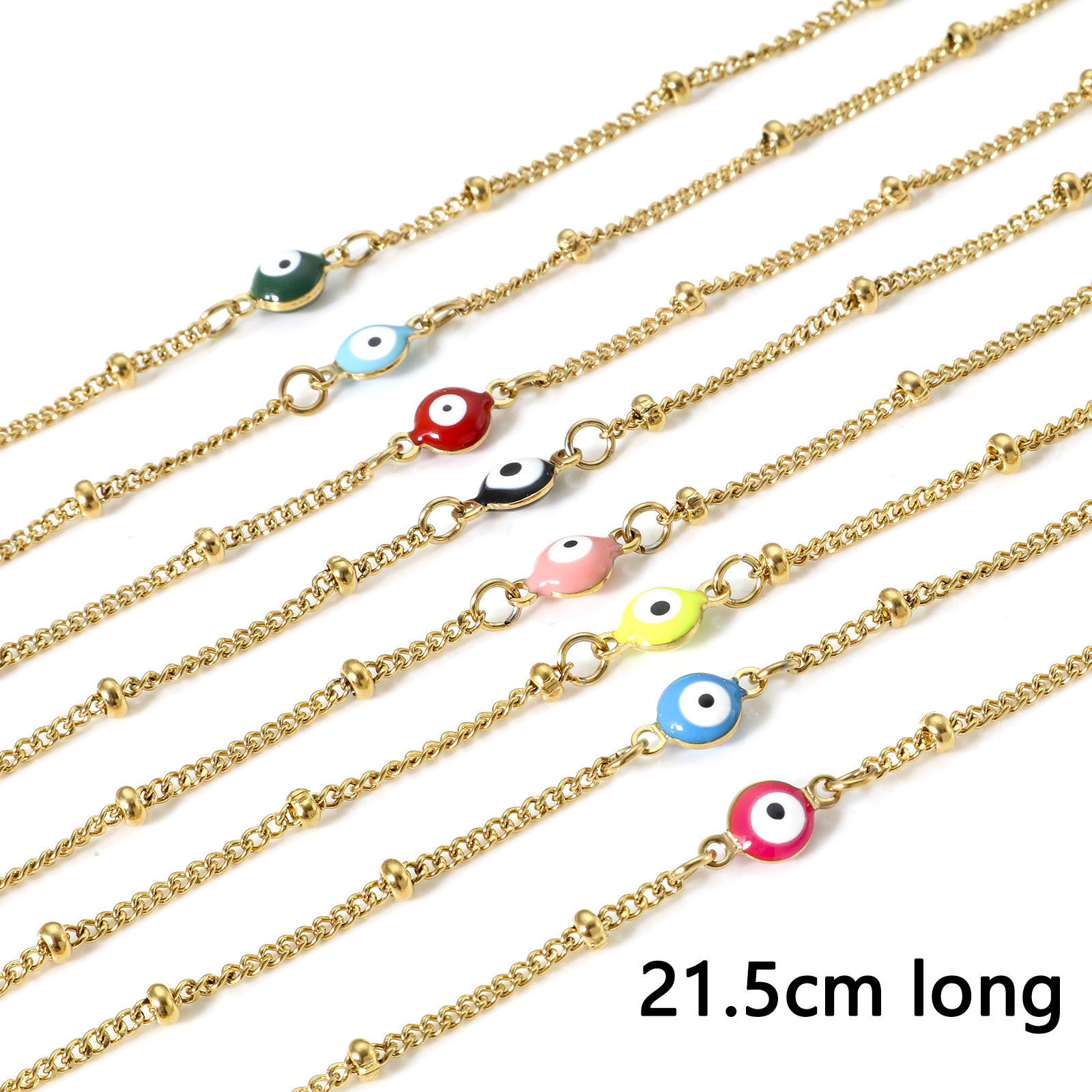 Bild von 1 Strang Vakuumbeschichtung 304 Edelstahl Religiös Panzerkette Kette Fußketten Vergoldet Bunt Doppelseitige Emaille Rund Böser Blick Evil Eye 21.5cm lang