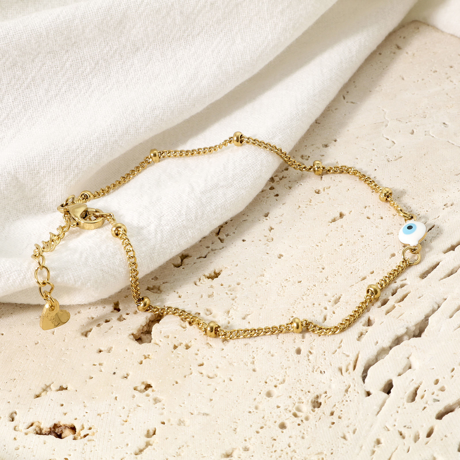 Bild von 1 Strang Vakuumbeschichtung 304 Edelstahl Religiös Panzerkette Kette Fußketten Vergoldet Bunt Doppelseitige Emaille Rund Böser Blick Evil Eye 21.5cm lang