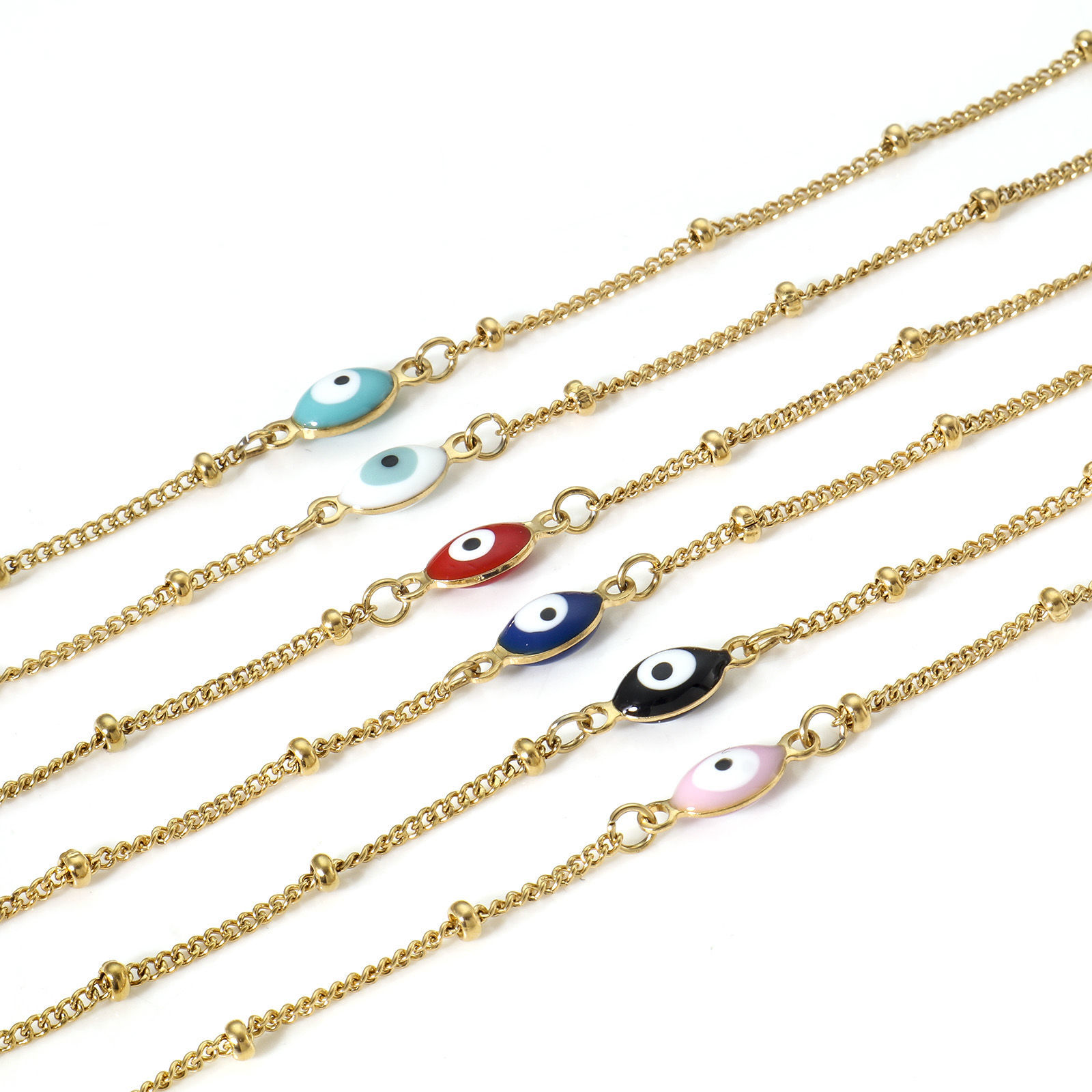 Imagen de 1 Unidad Enchapado al Vacío 304 Acero Inoxidable Religión Link Curb Chain Tobilleras Chapado en Oro Multicolor Esmalte de Doble Cara Oliva Mal de ojo 22cm longitud