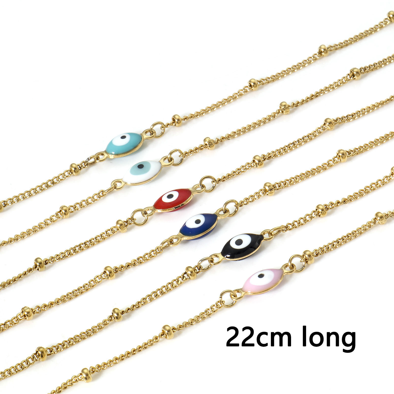 Imagen de 1 Unidad Enchapado al Vacío 304 Acero Inoxidable Religión Link Curb Chain Tobilleras Chapado en Oro Multicolor Esmalte de Doble Cara Oliva Mal de ojo 22cm longitud
