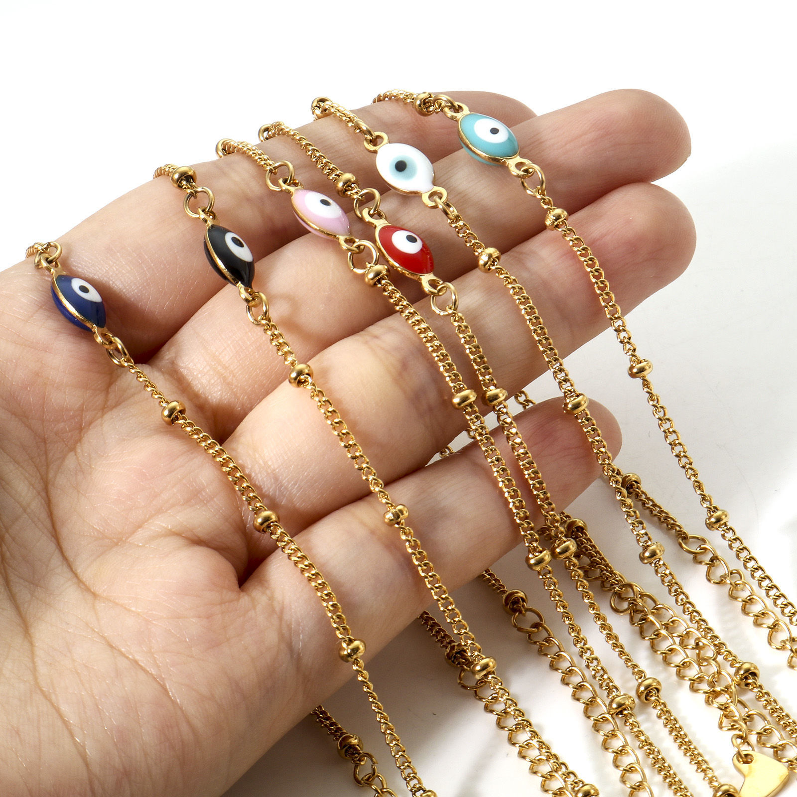 Imagen de 1 Unidad Enchapado al Vacío 304 Acero Inoxidable Religión Link Curb Chain Tobilleras Chapado en Oro Multicolor Esmalte de Doble Cara Oliva Mal de ojo 22cm longitud