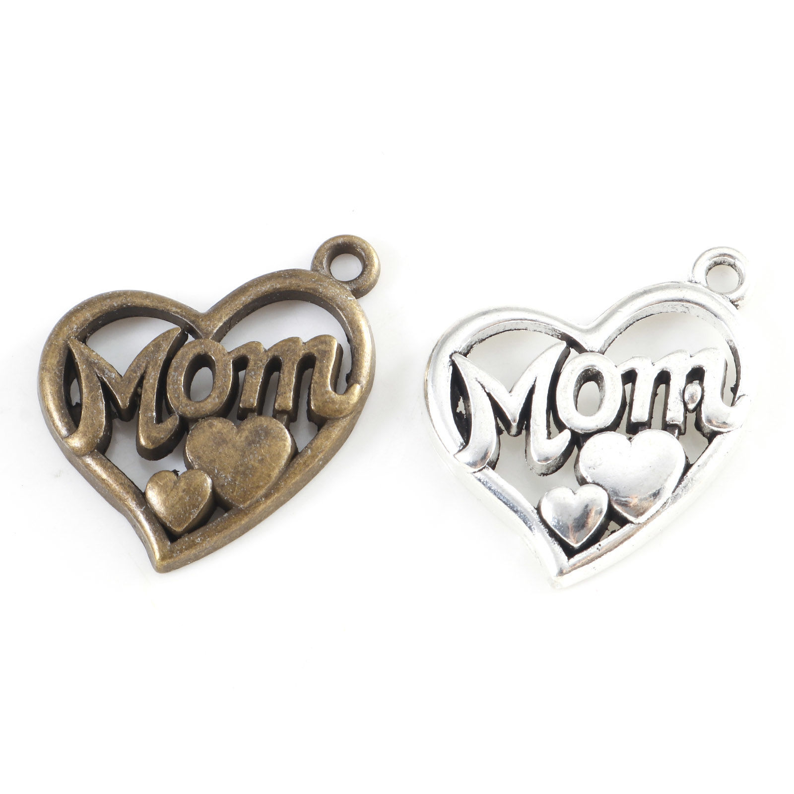 Picture of Zinc Based Alloy Mother's Day Charms Multicolor Heart Message " Mom " 24mm x 22mm