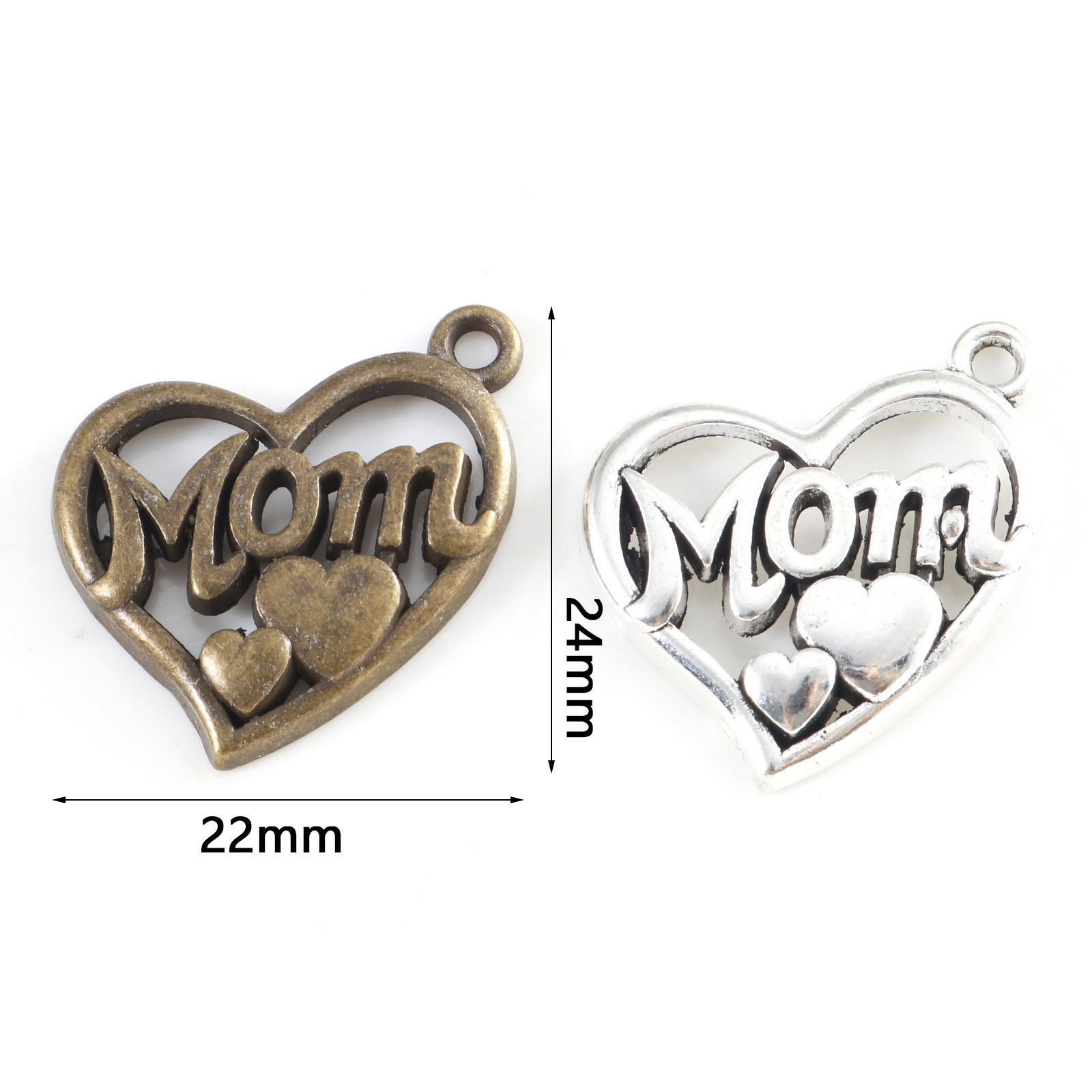 Picture of Zinc Based Alloy Mother's Day Charms Multicolor Heart Message " Mom " 24mm x 22mm
