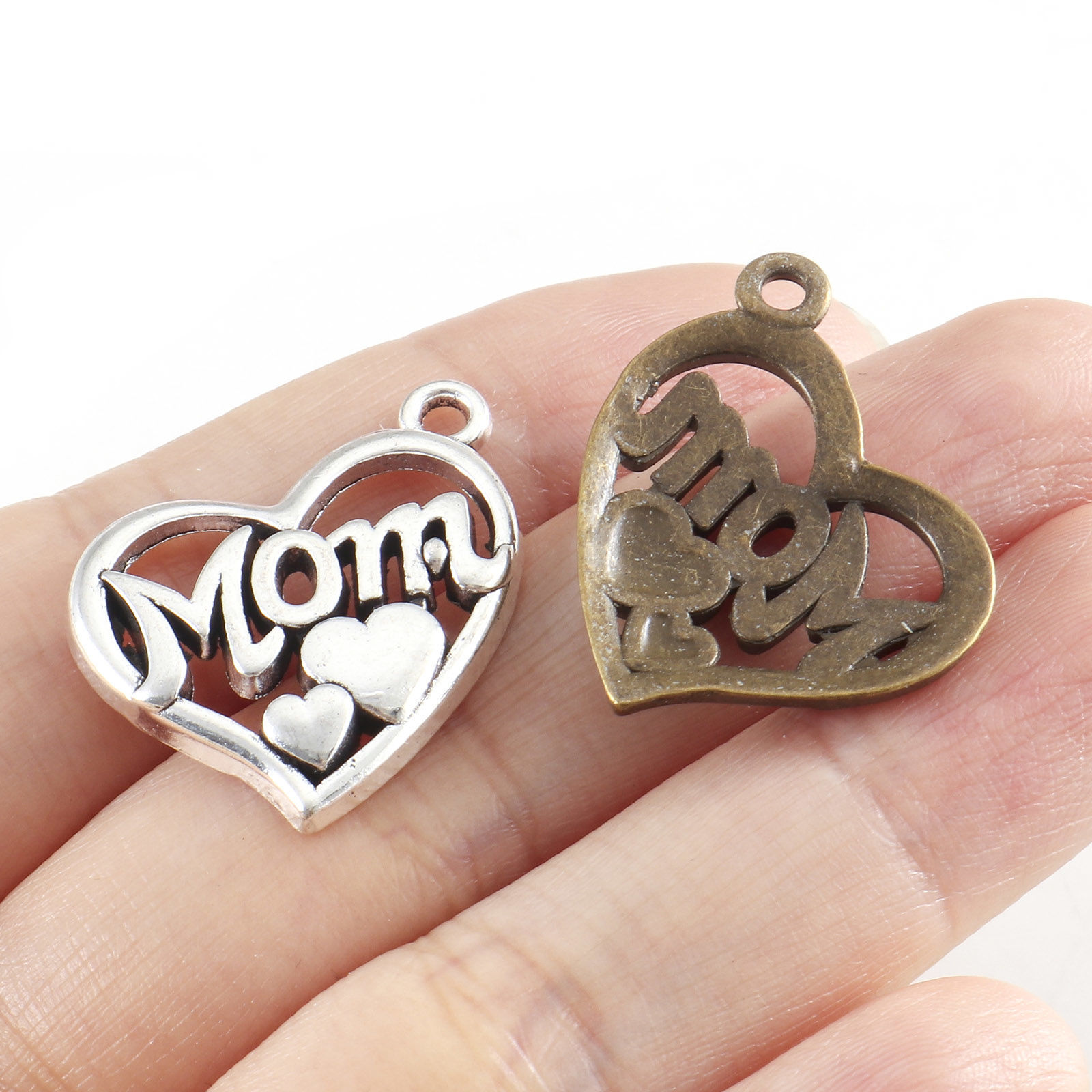 Picture of Zinc Based Alloy Mother's Day Charms Multicolor Heart Message " Mom " 24mm x 22mm