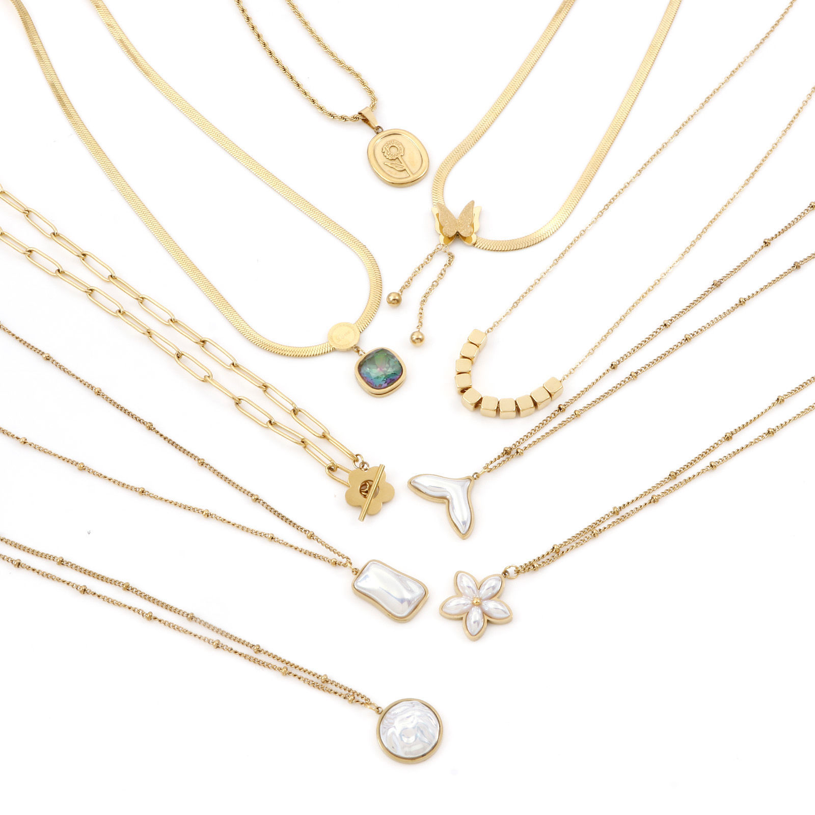 Picture of 304 Stainless Steel Stylish Curb Link Chain Necklace 18K Gold Plated Fishtail Imitation Pearl