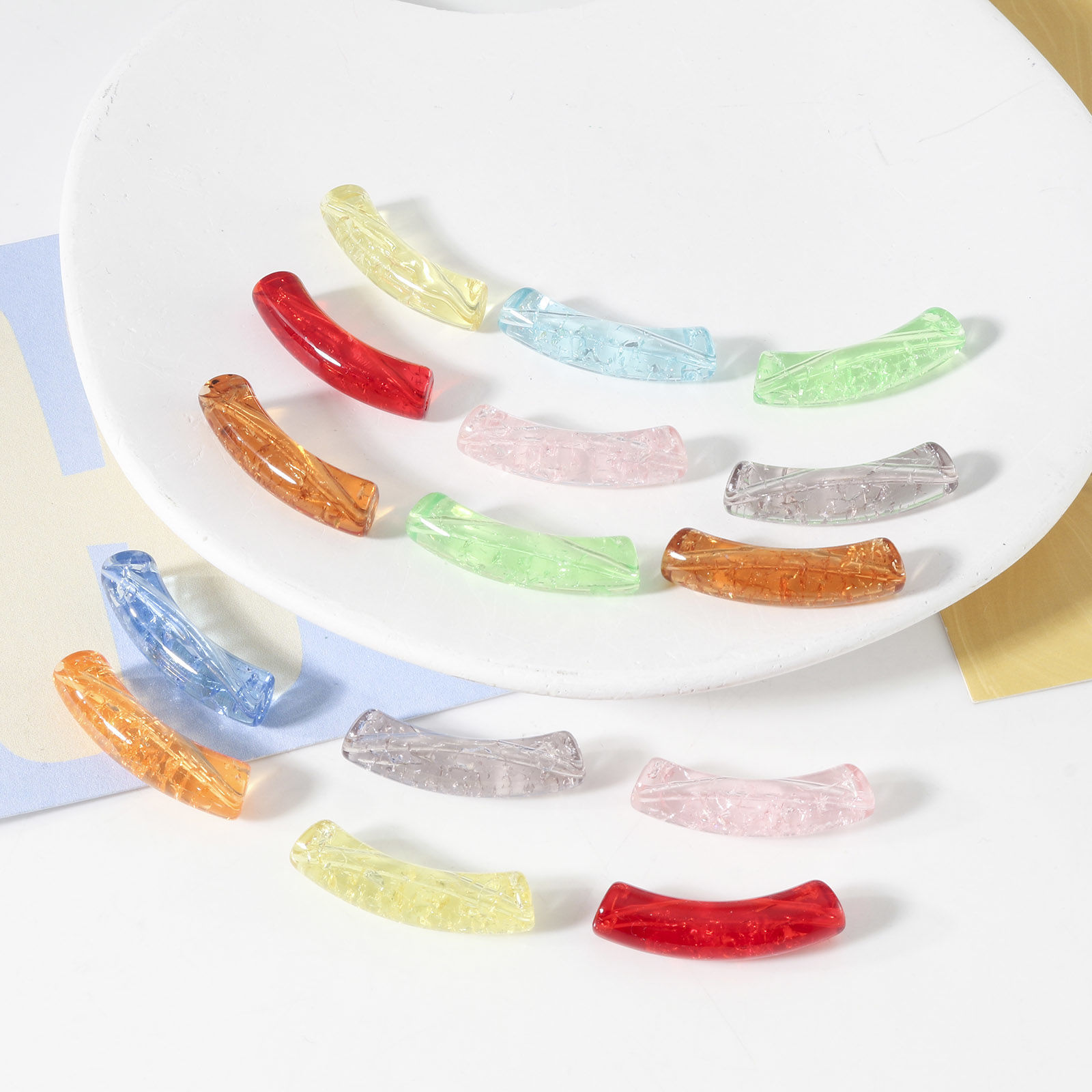 Picture of Acrylic Beads For DIY Jewelry Making Multicolor Curved Tube Arc Crackle About 3.3cm x 0.8cm