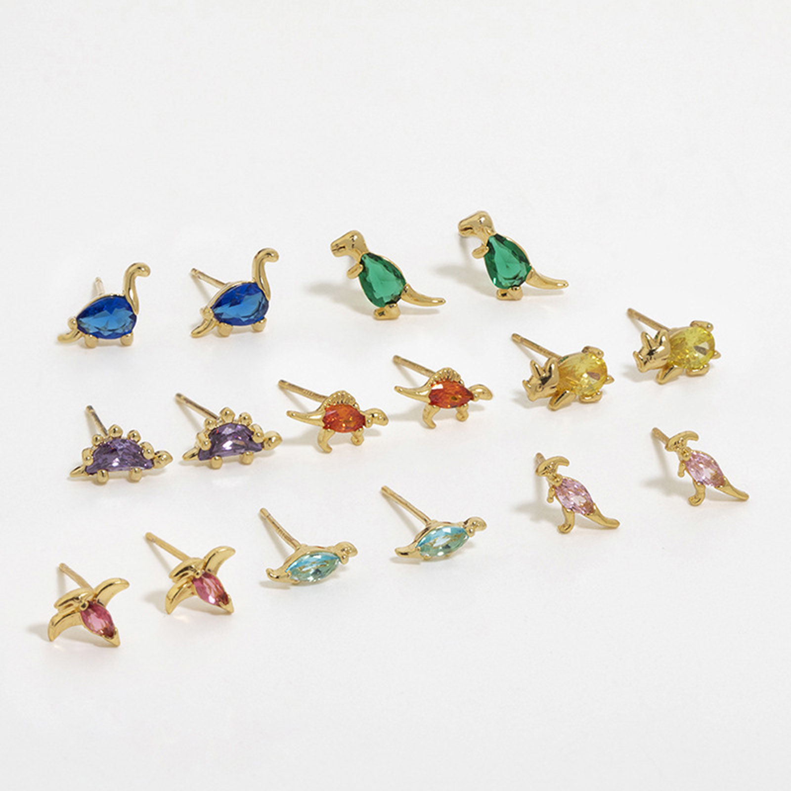 Picture of Brass Cute Ear Post Stud Earrings Gold Plated Dinosaur Animal Multicolour Cubic Zirconia