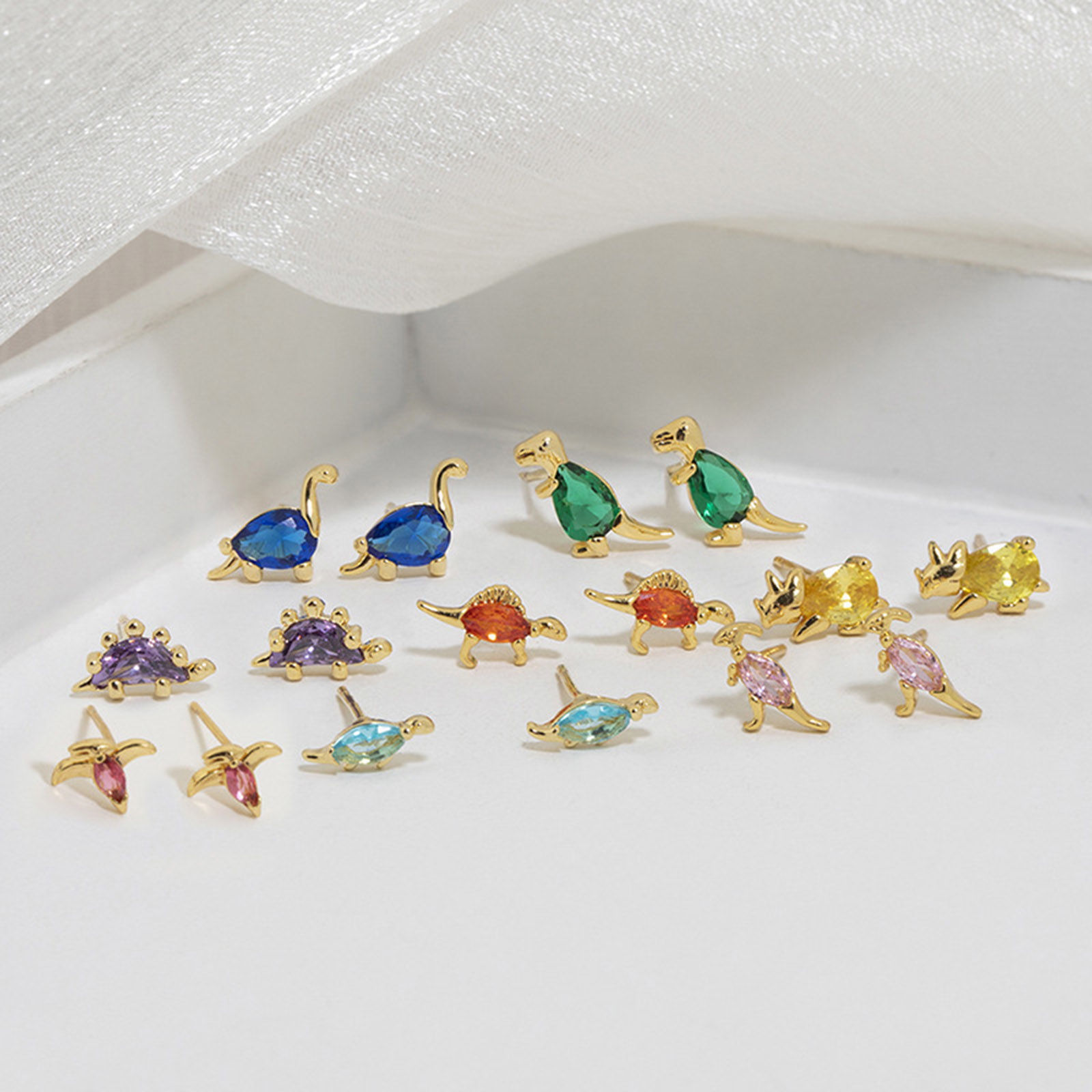 Picture of Brass Cute Ear Post Stud Earrings Gold Plated Dinosaur Animal Multicolour Cubic Zirconia