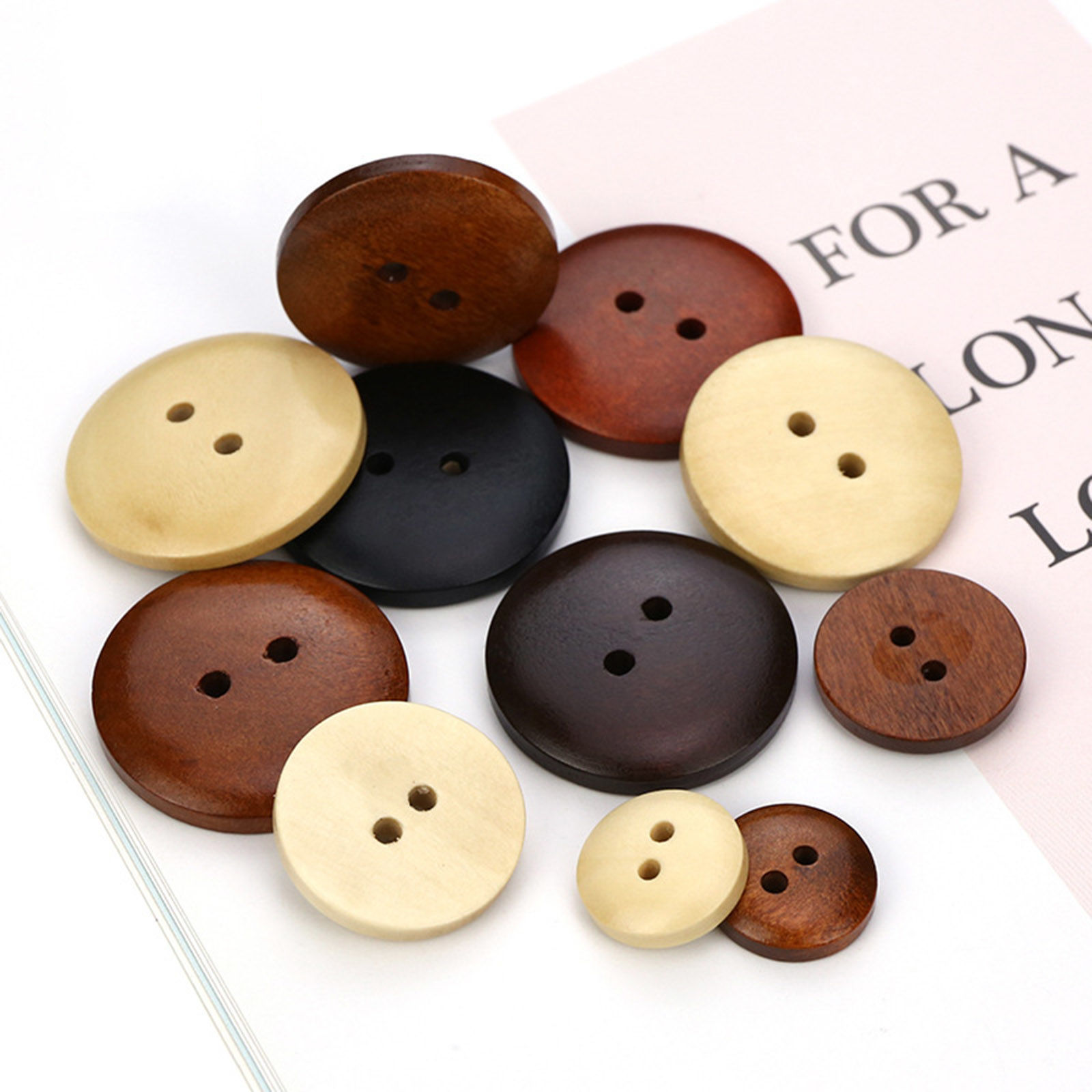 Imagen de Madera Botón de Costura Scrapbooking Dos Agujeros Ronda Negro 100 Unidades